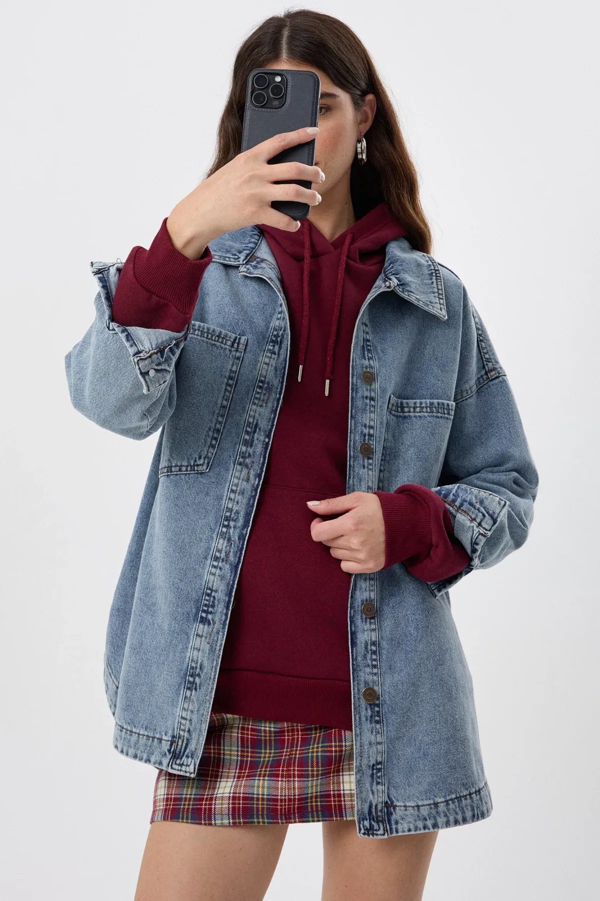 Oversized Washed Denim Coat with Patch Pockets 2