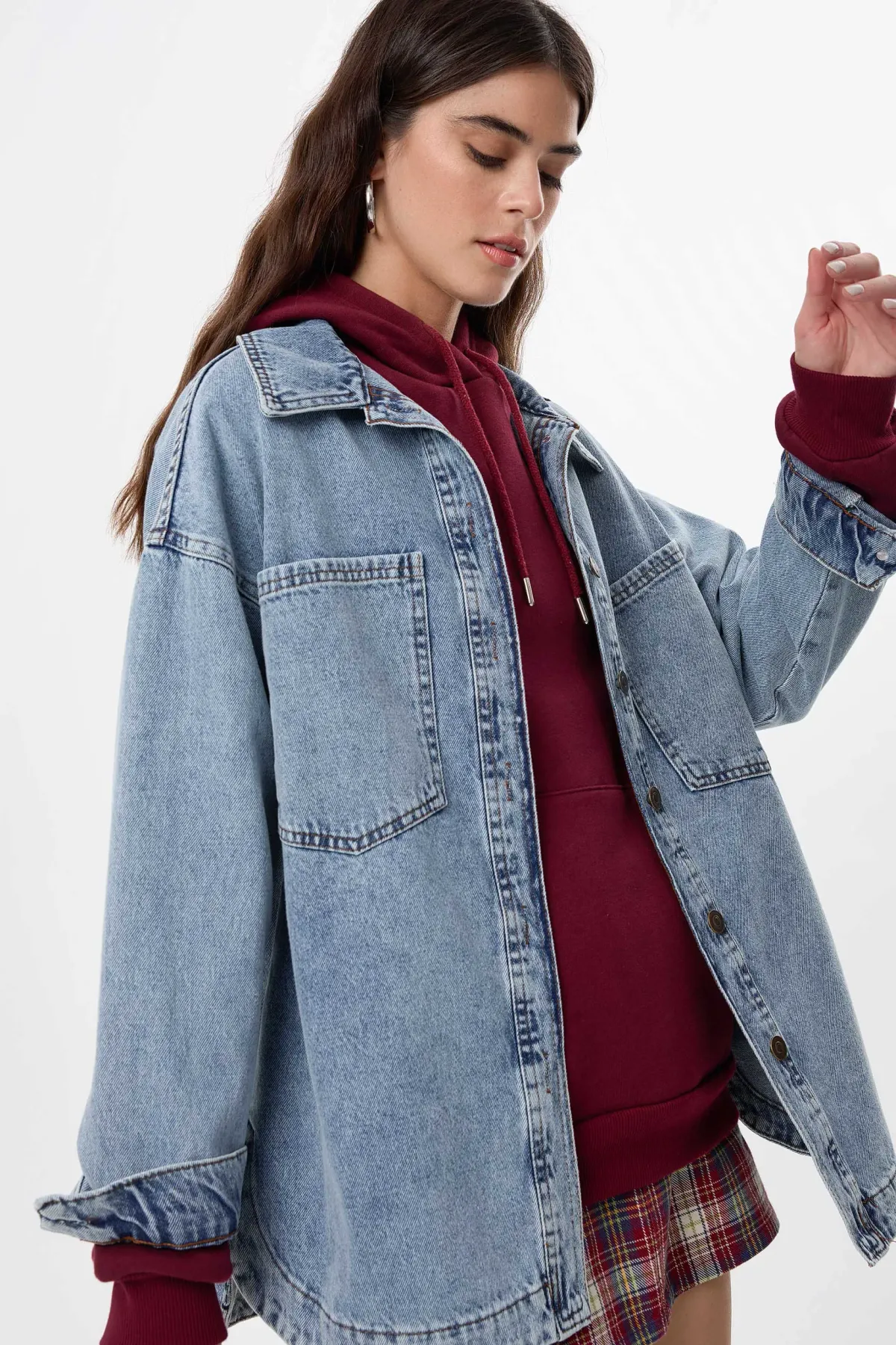 Oversized Washed Denim Coat with Patch Pockets 3