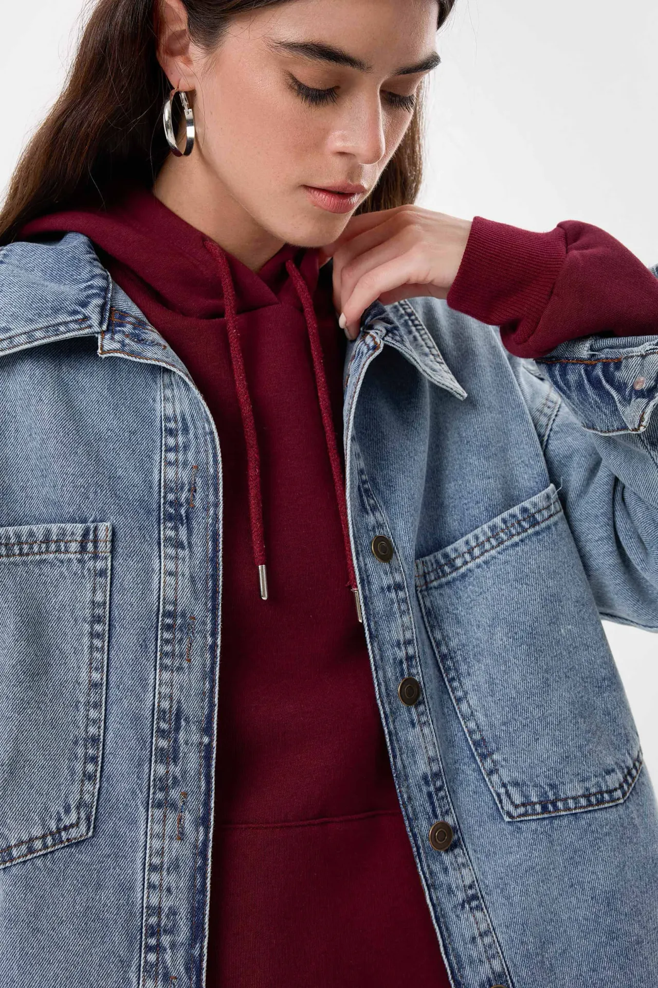 Oversized Washed Denim Coat with Patch Pockets