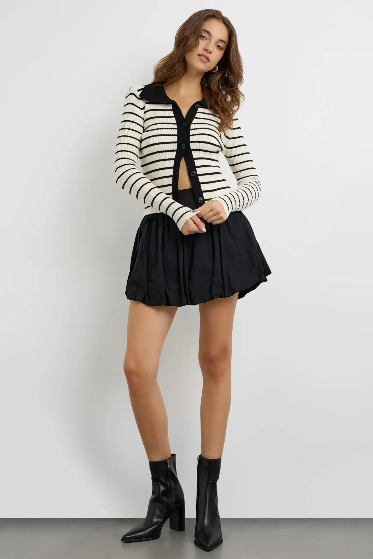 Striped Buttoned Polo-Neck Cardigan