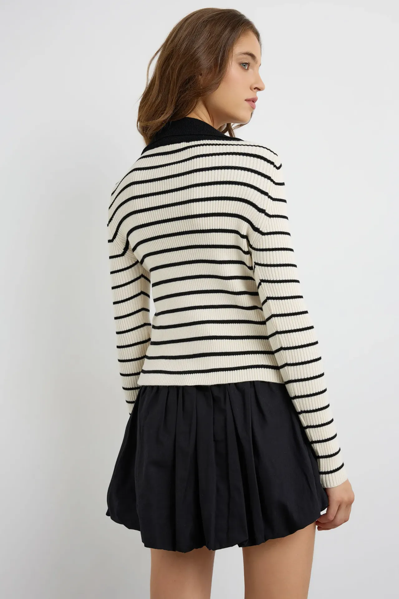 Striped Buttoned Polo-Neck Cardigan