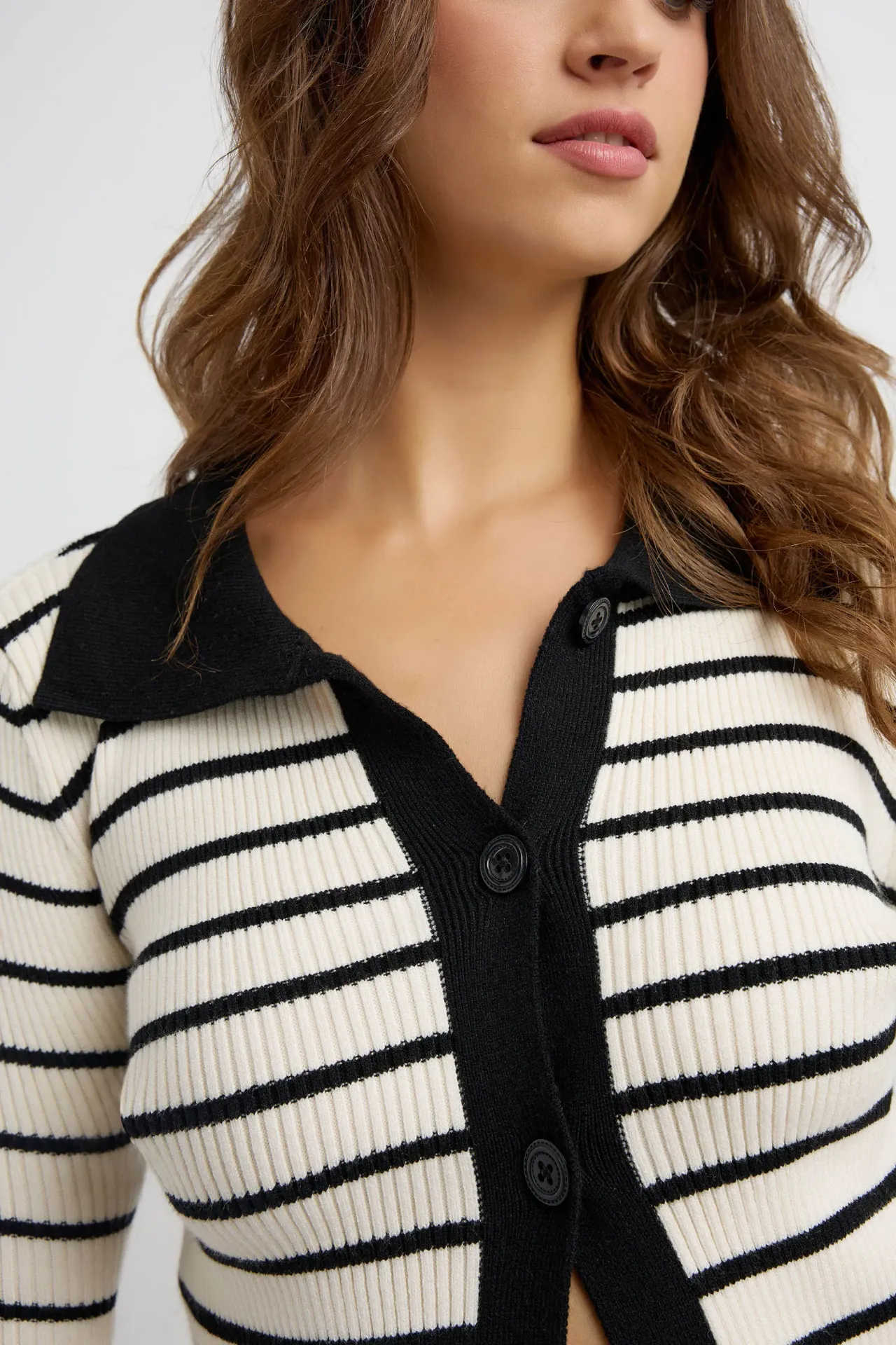 Striped Buttoned Polo-Neck Cardigan