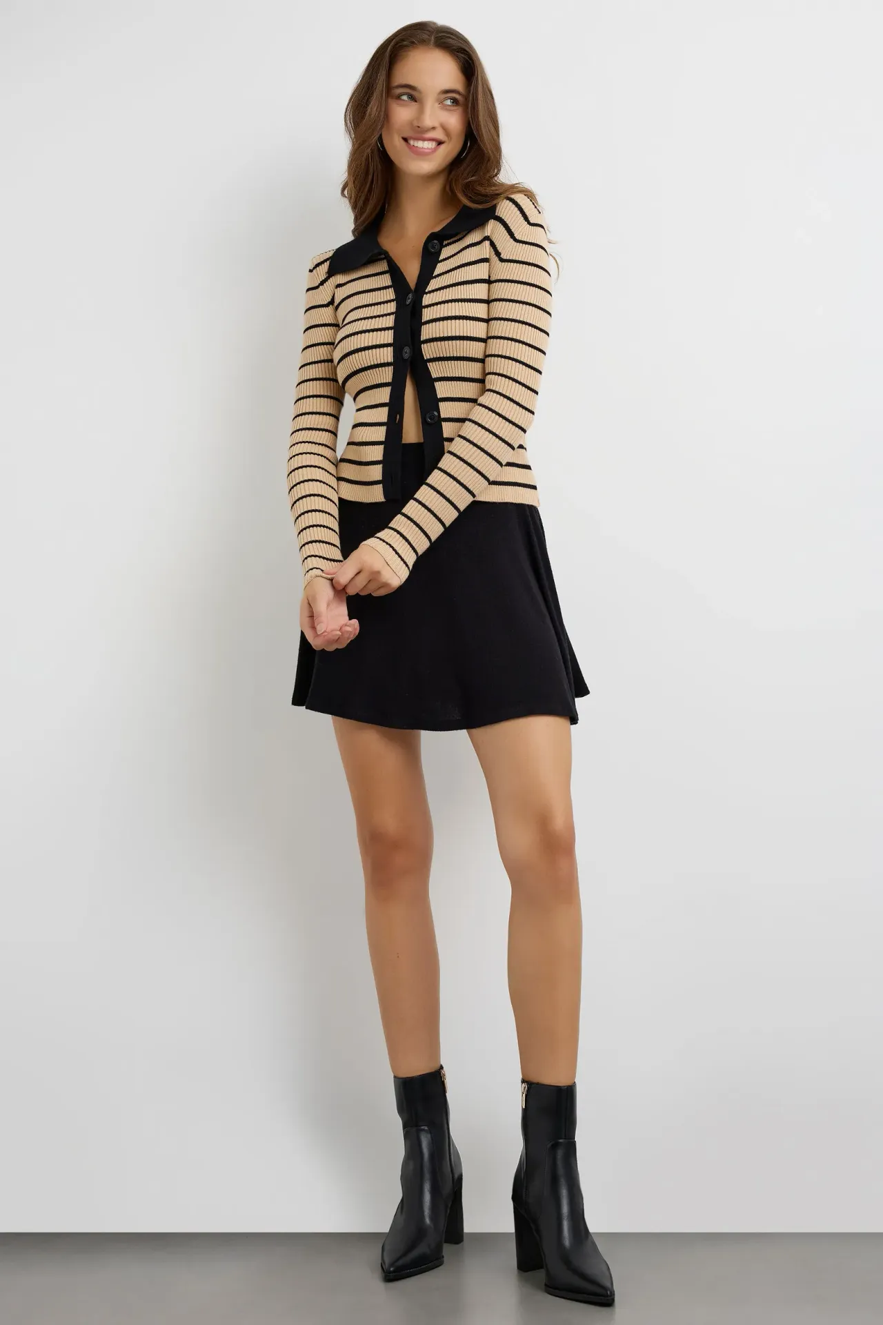 Striped Buttoned Polo-Neck Cardigan