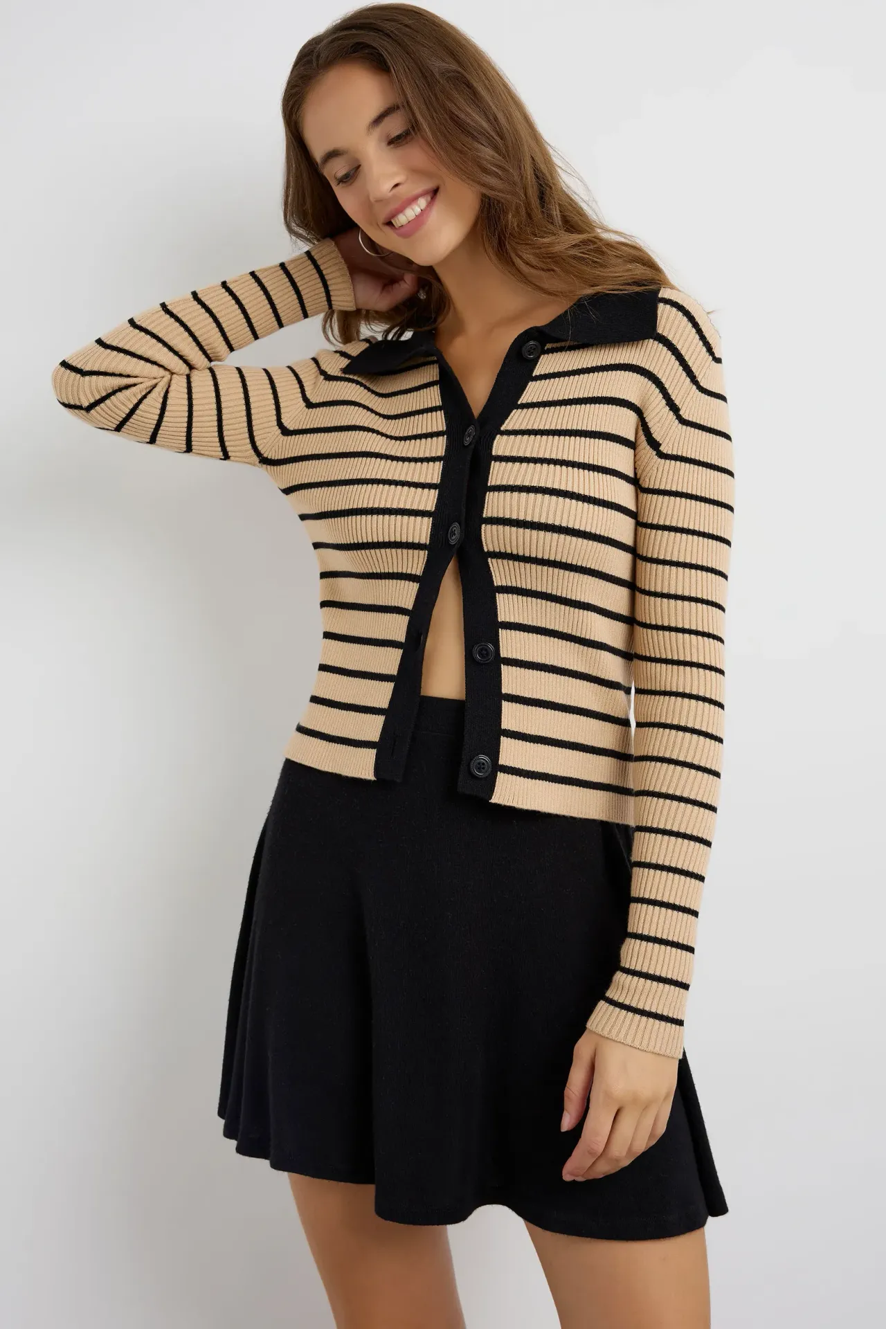 Striped Buttoned Polo-Neck Cardigan