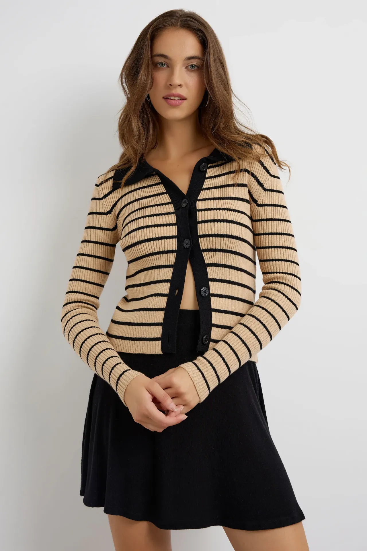 Striped Buttoned Polo-Neck Cardigan