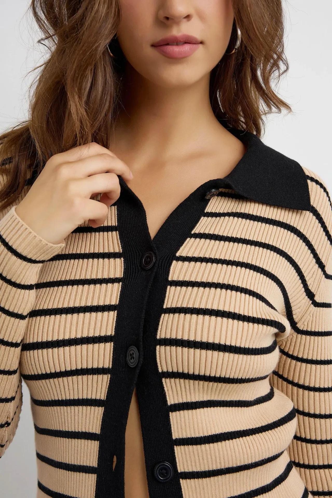 Striped Buttoned Polo-Neck Cardigan