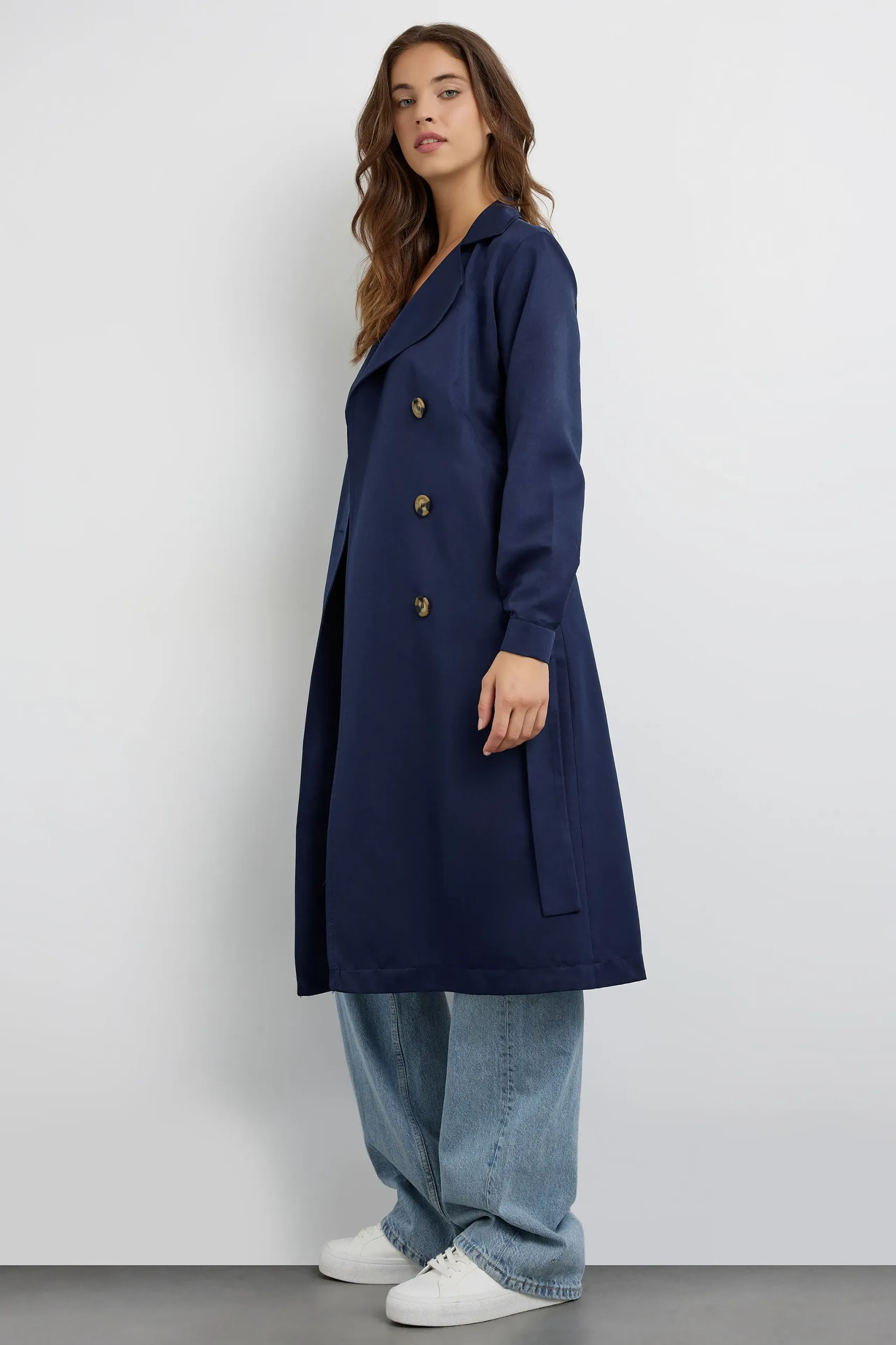 HiCCUP - Navy Blue Buttoned Light Trenchcoat With A Belt Women
