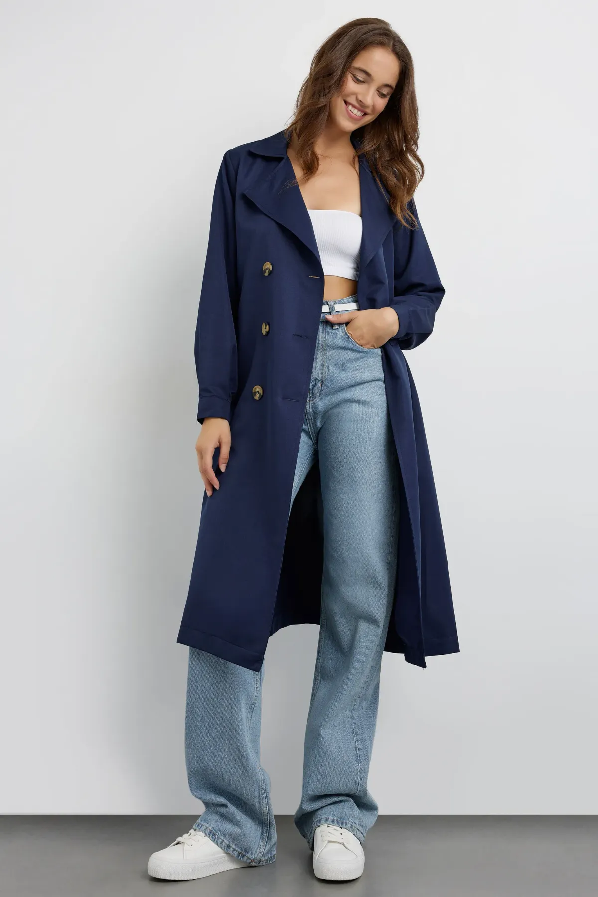 Double-Breasted Belted Long Trench Coat 2