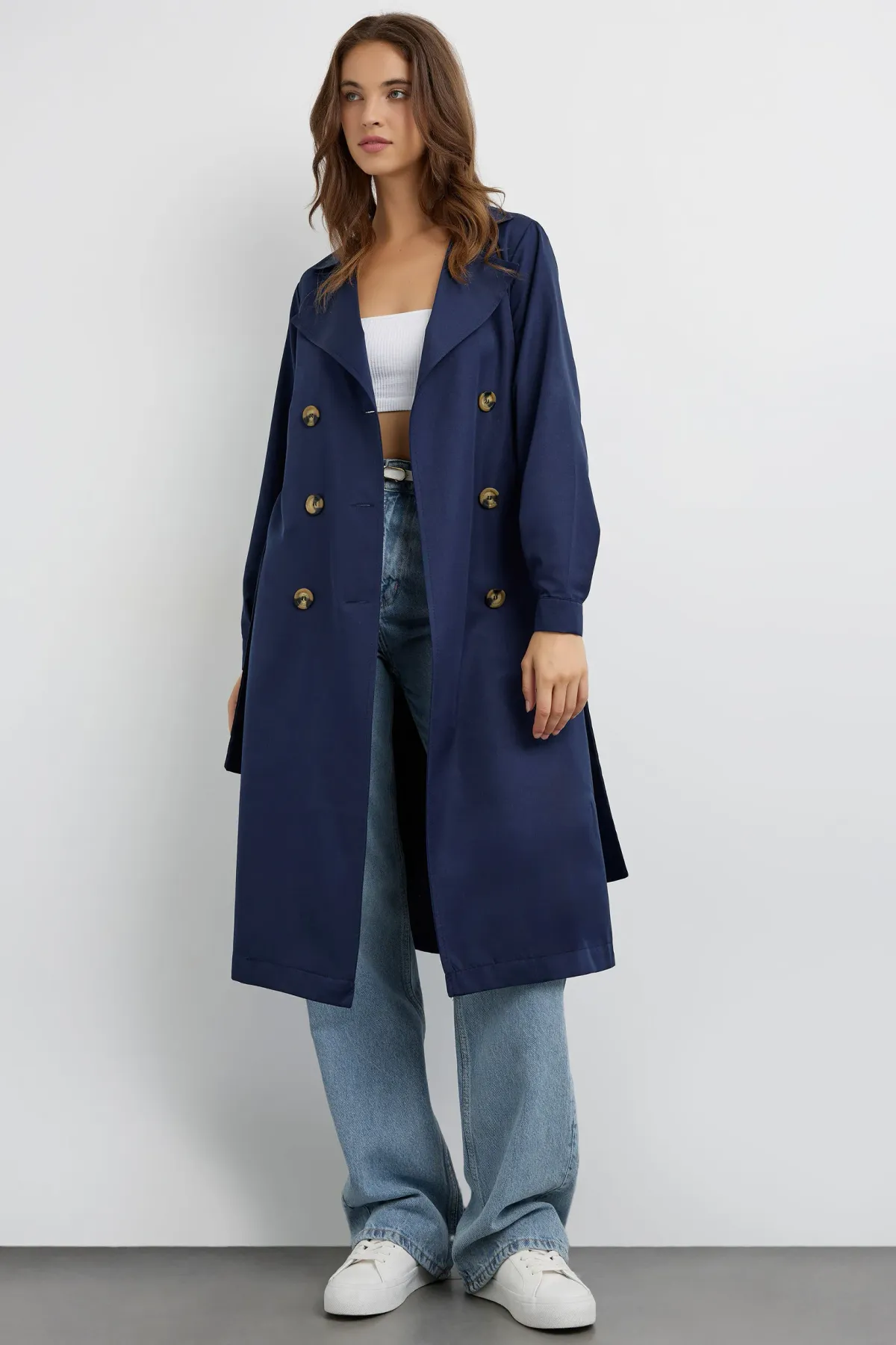 Double-Breasted Belted Long Trench Coat 4