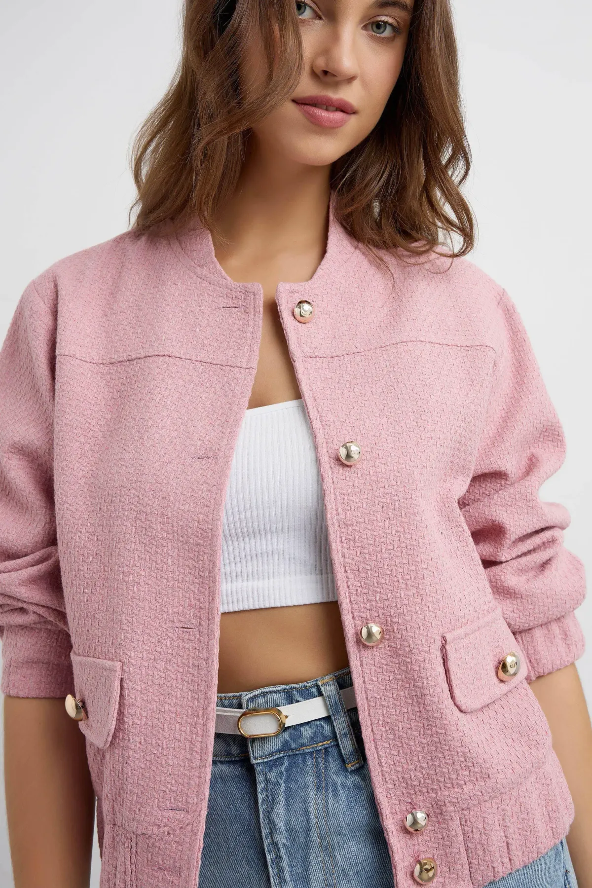 Tweed Round Neck Jacket with a Pocket Detail 3