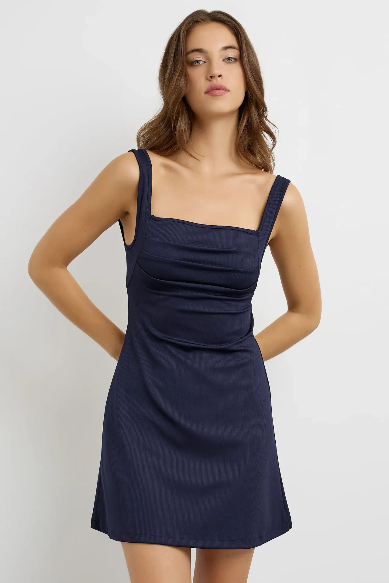 Ruched Square-Neck Mini Dress