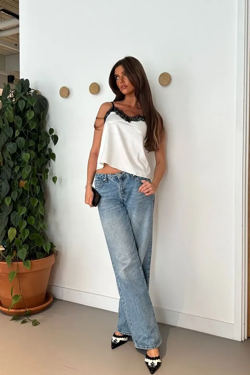 Woven Spaghetti Strap Top with Lace Detail
