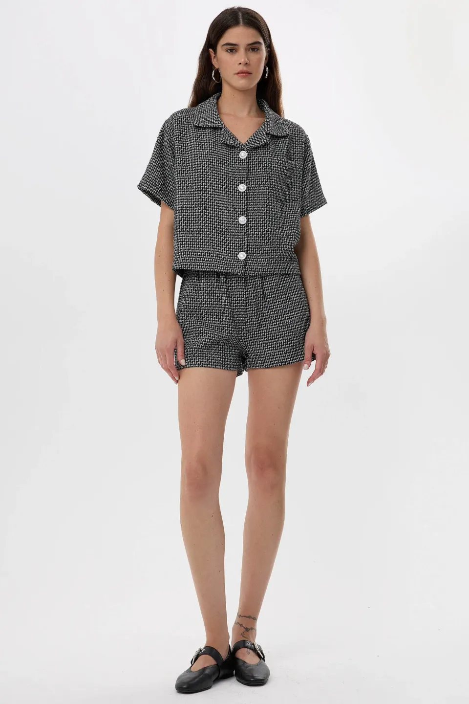 Buttoned Short-Sleeve Tweed Blouse