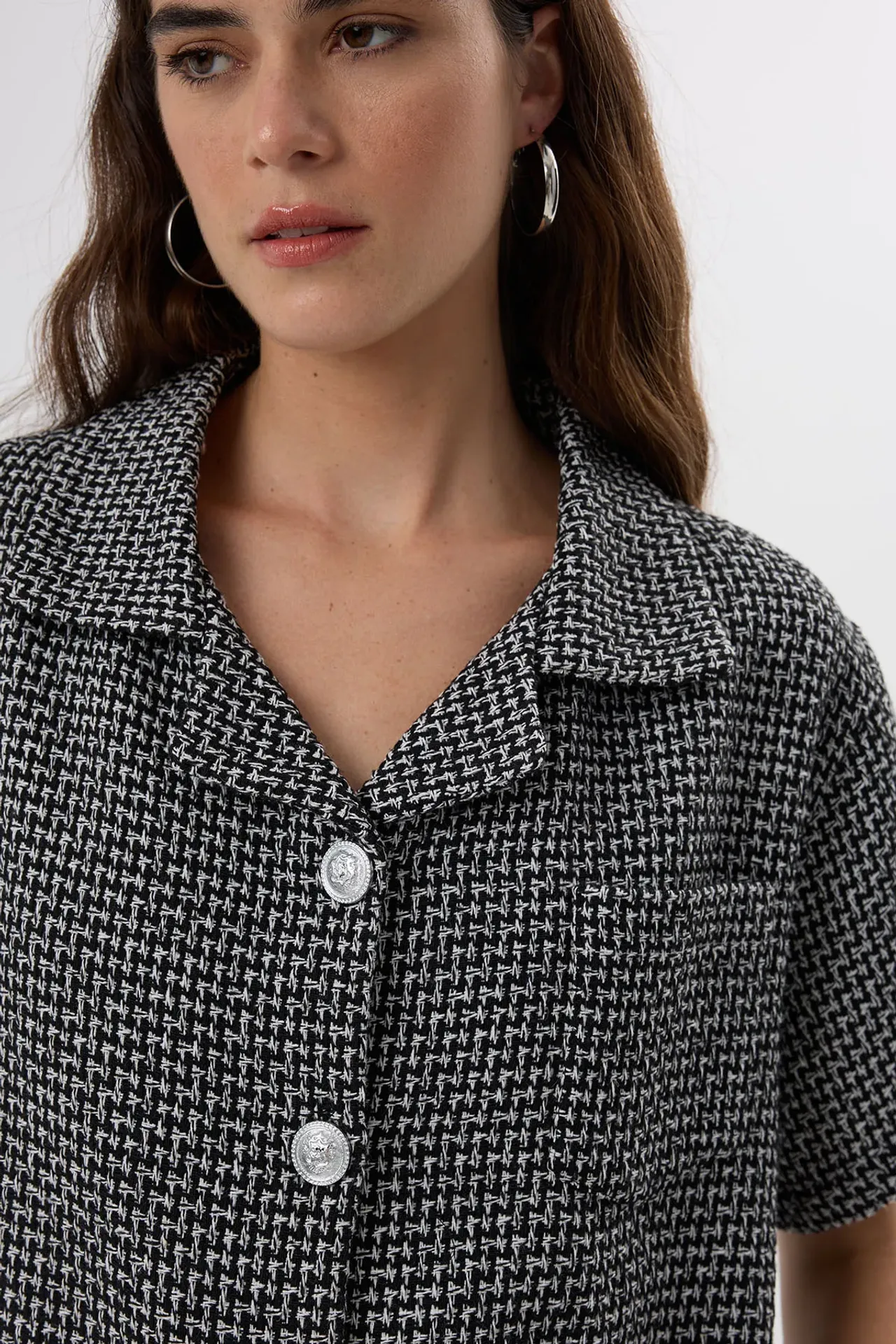 Buttoned Short-Sleeve Tweed Blouse