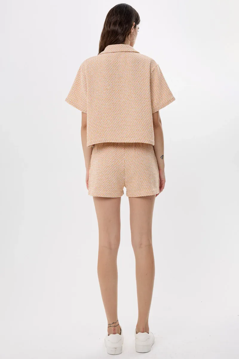 Buttoned Short-Sleeve Tweed Blouse 4