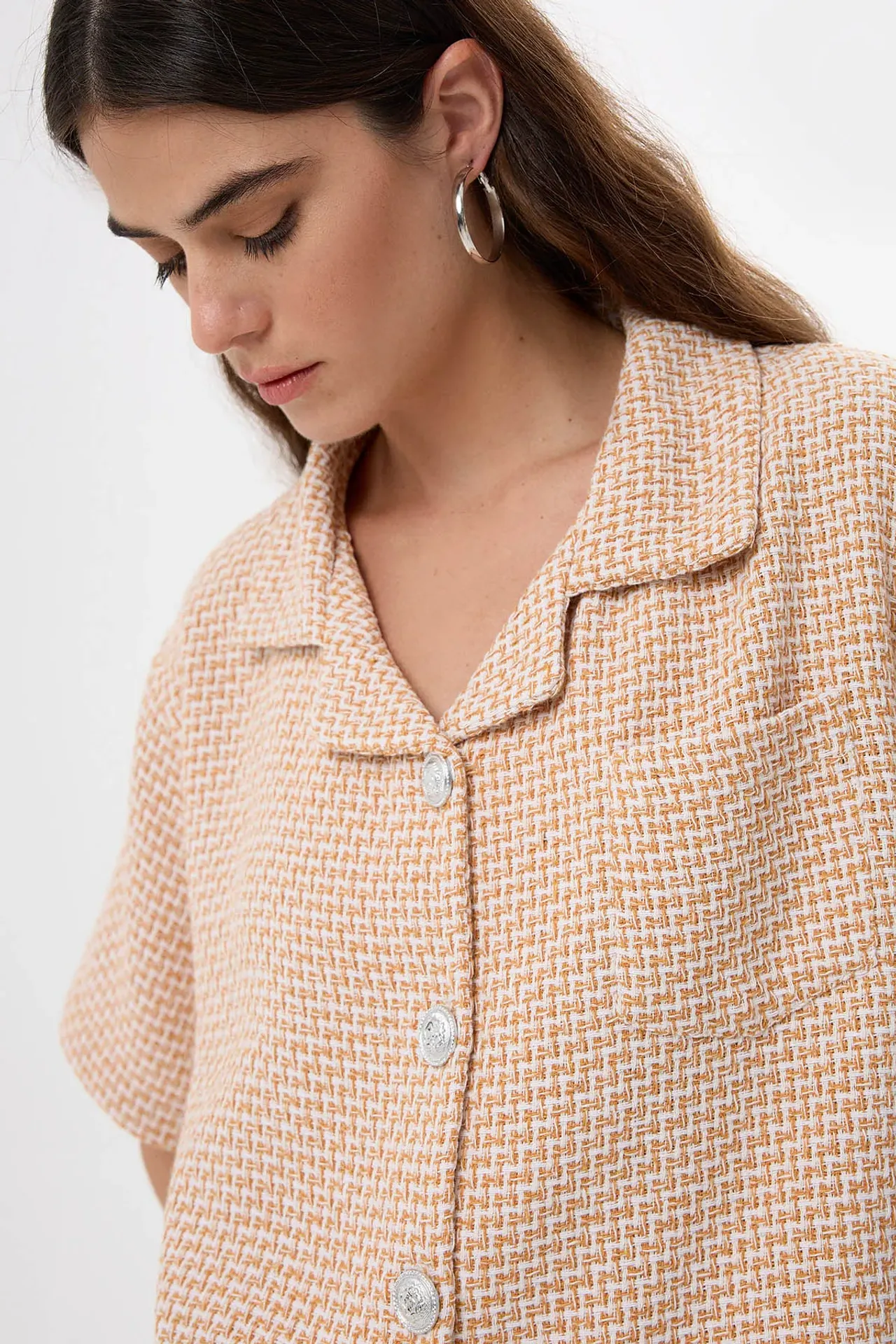 Buttoned Short-Sleeve Tweed Blouse