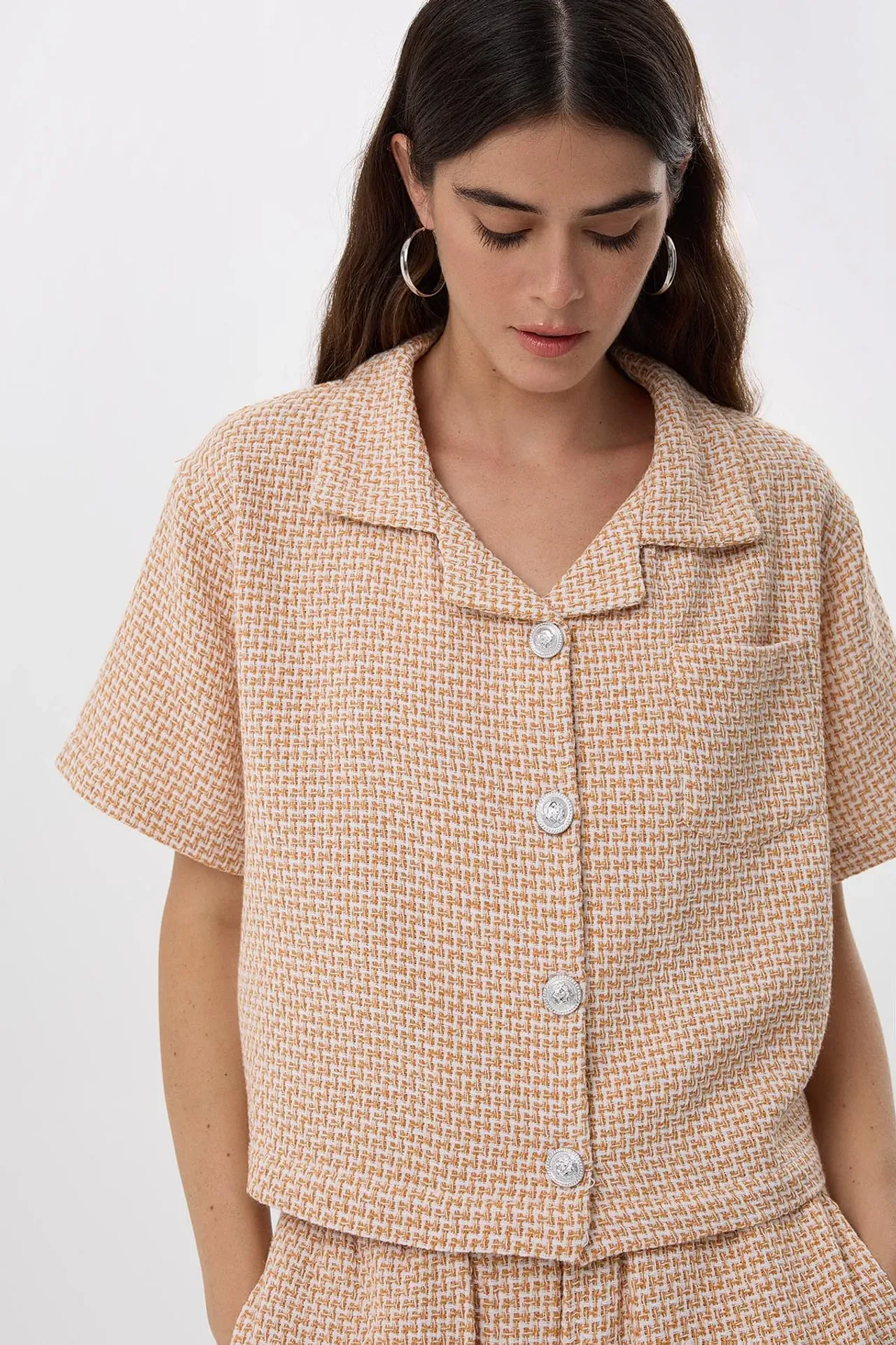 Buttoned Short-Sleeve Tweed Blouse