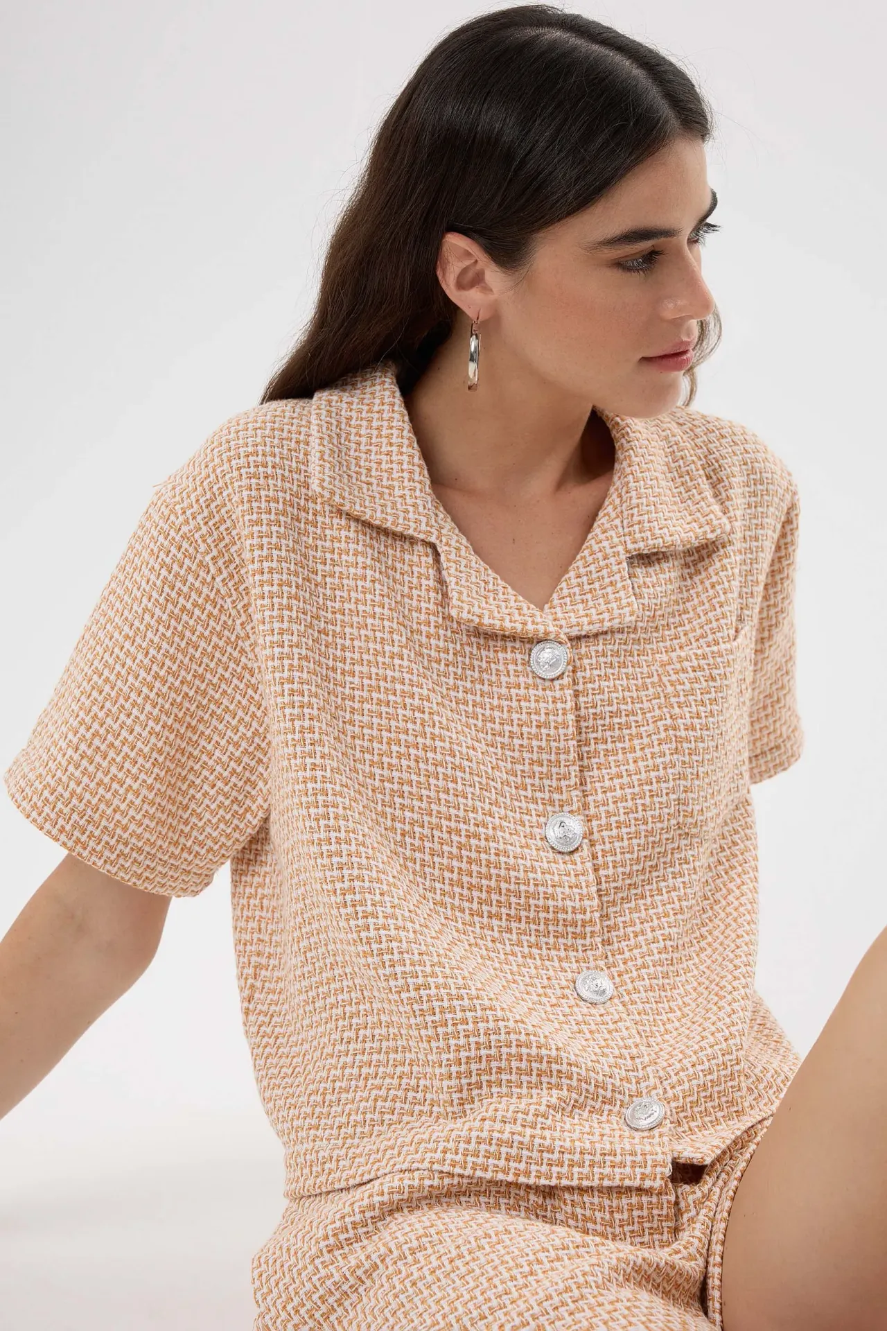 Buttoned Short-Sleeve Tweed Blouse