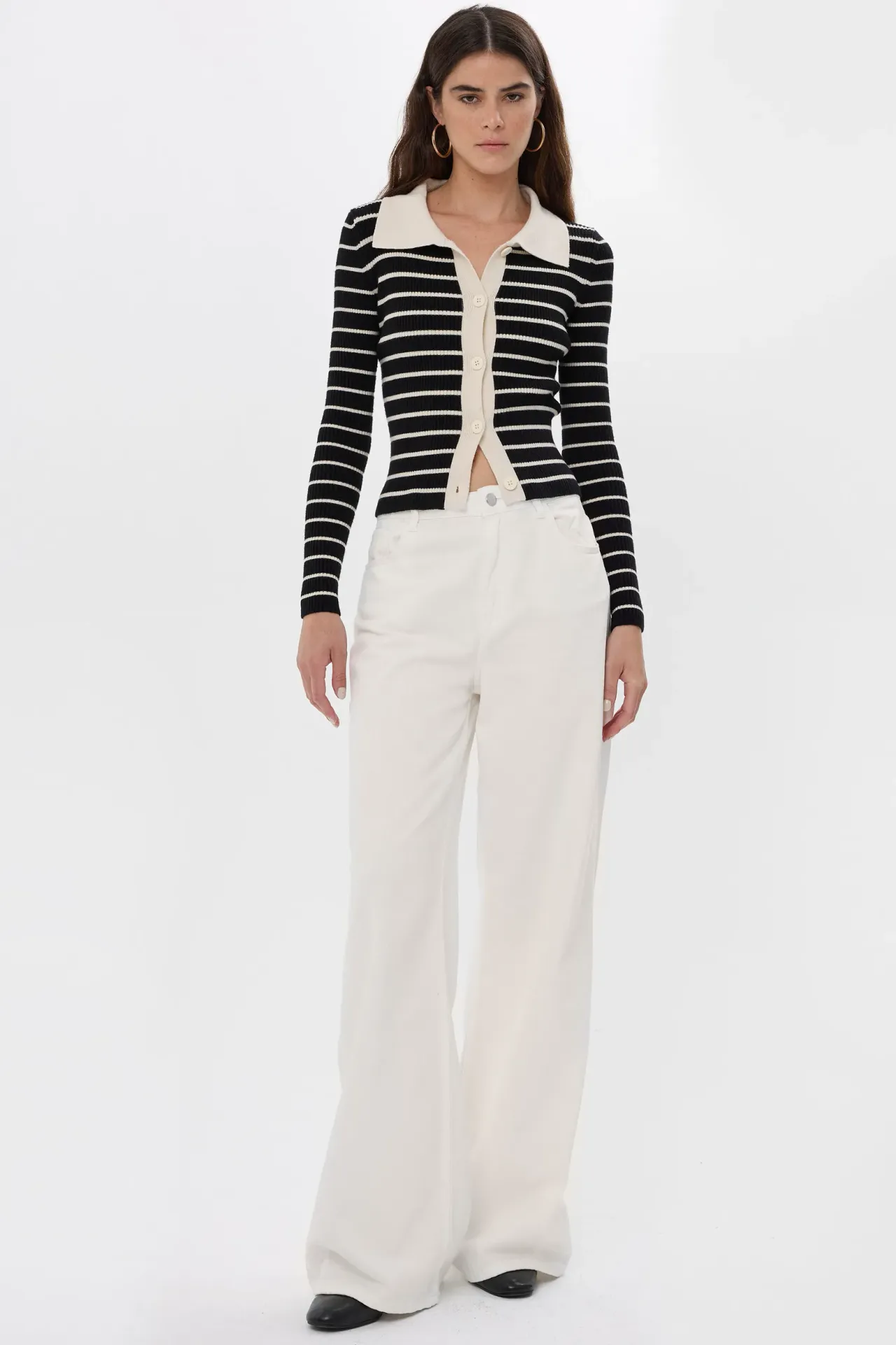 Striped Buttoned Polo-Neck Cardigan
