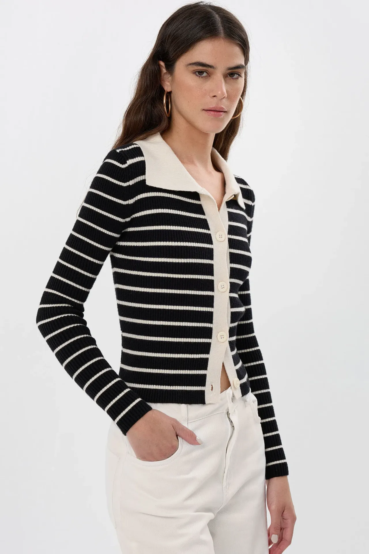 Striped Buttoned Polo-Neck Cardigan
