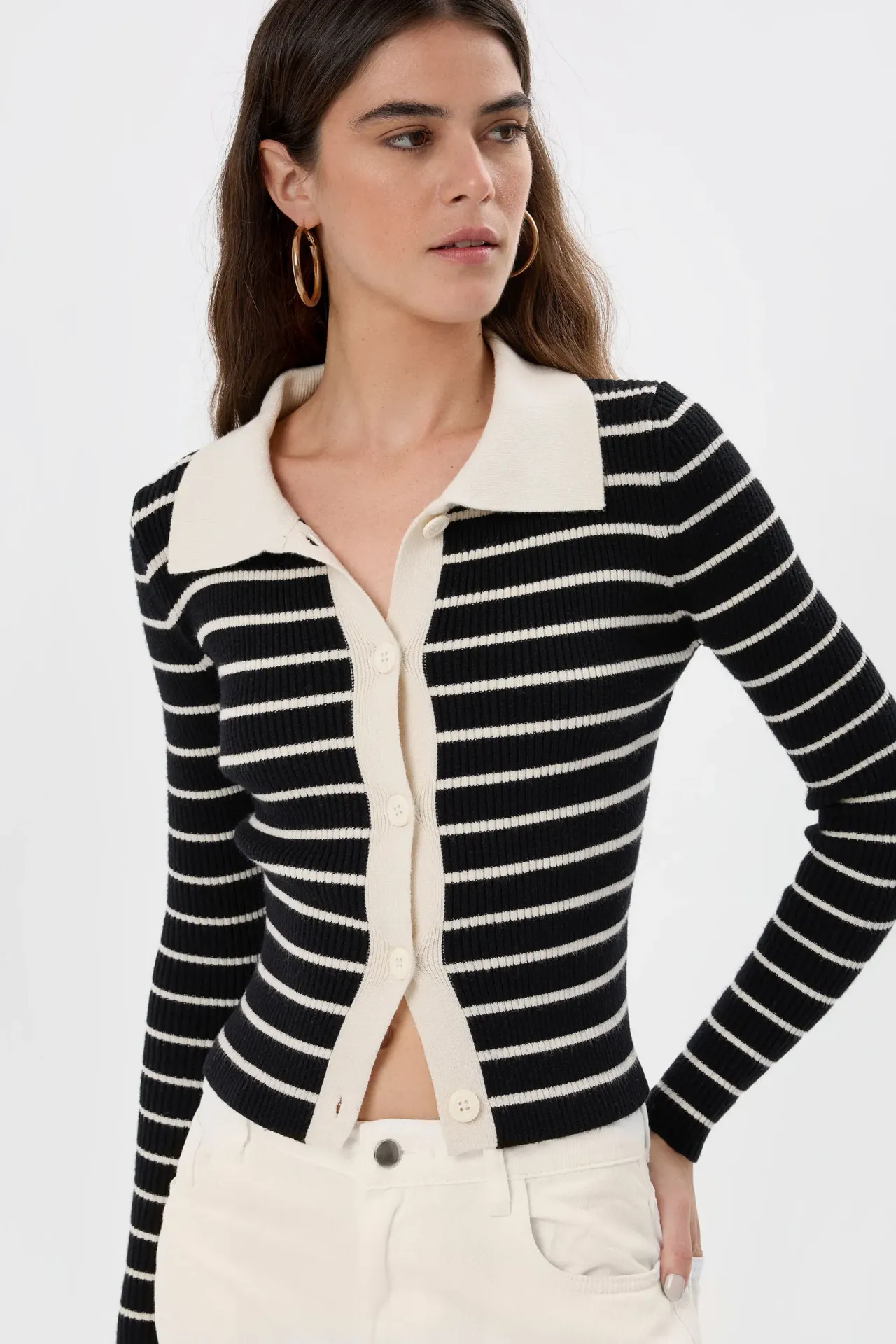 Striped Buttoned Polo-Neck Cardigan