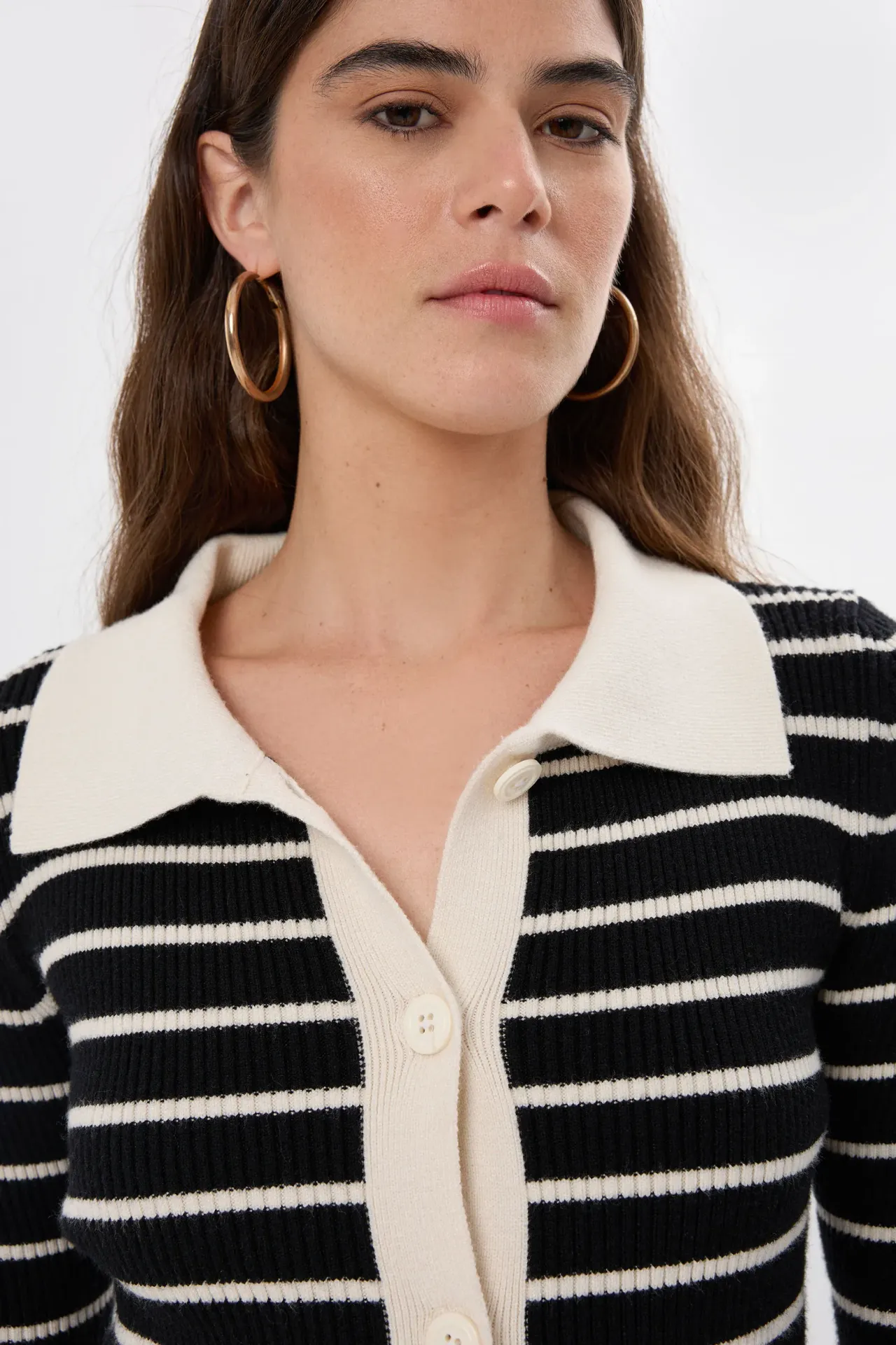 Striped Buttoned Polo-Neck Cardigan