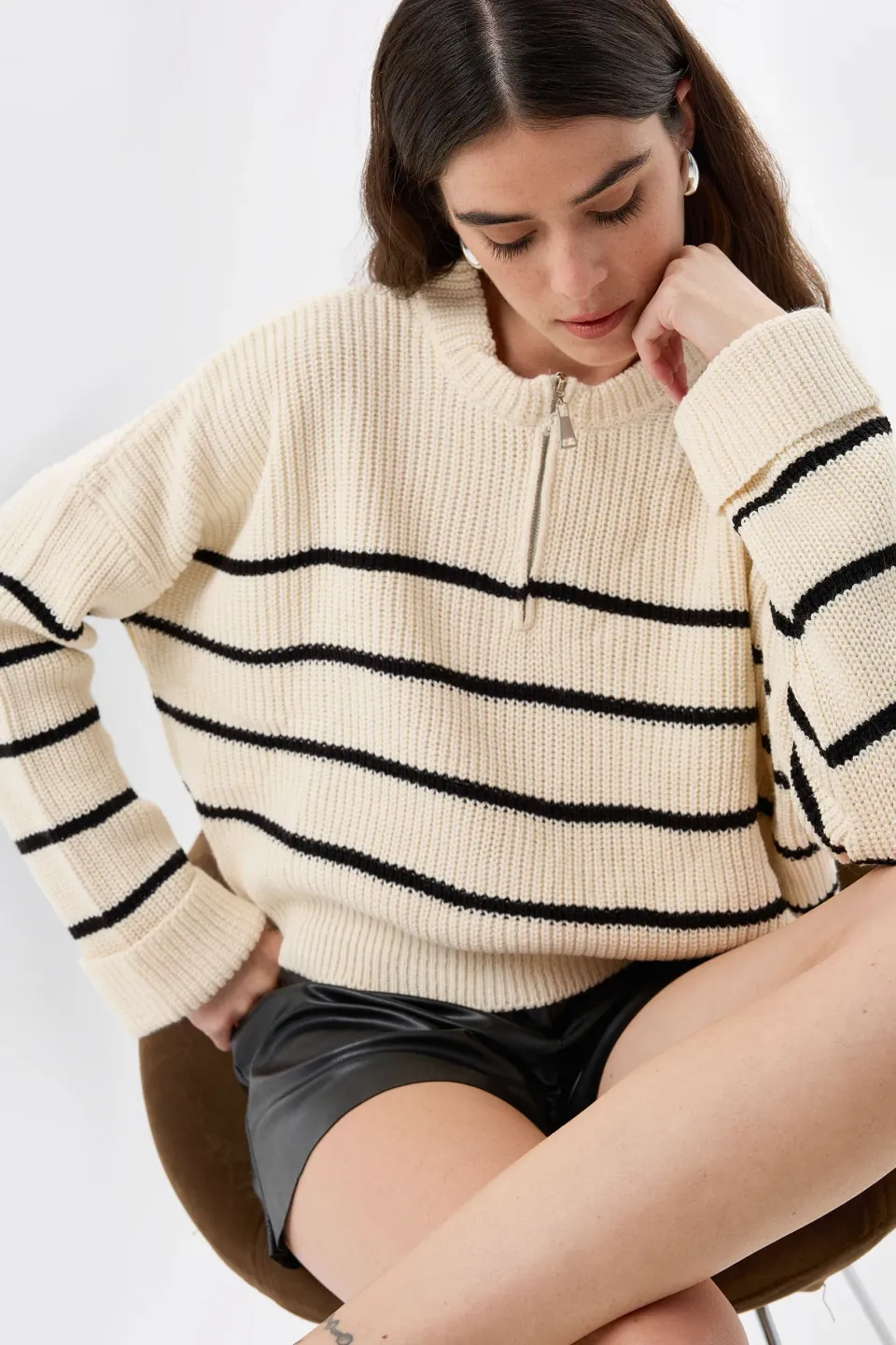Striped Zippered Knit Sweater