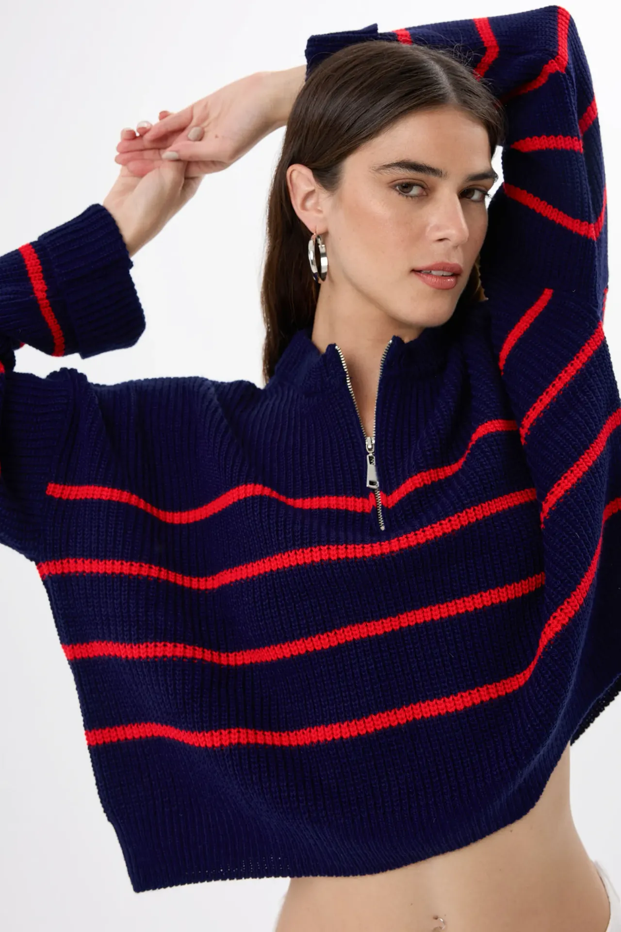 Striped Zippered Knit Sweater