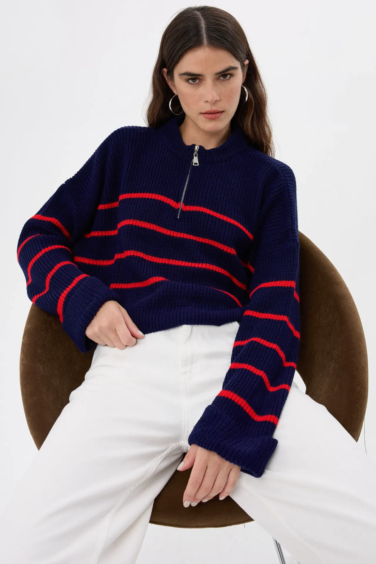 Striped Zippered Knit Sweater