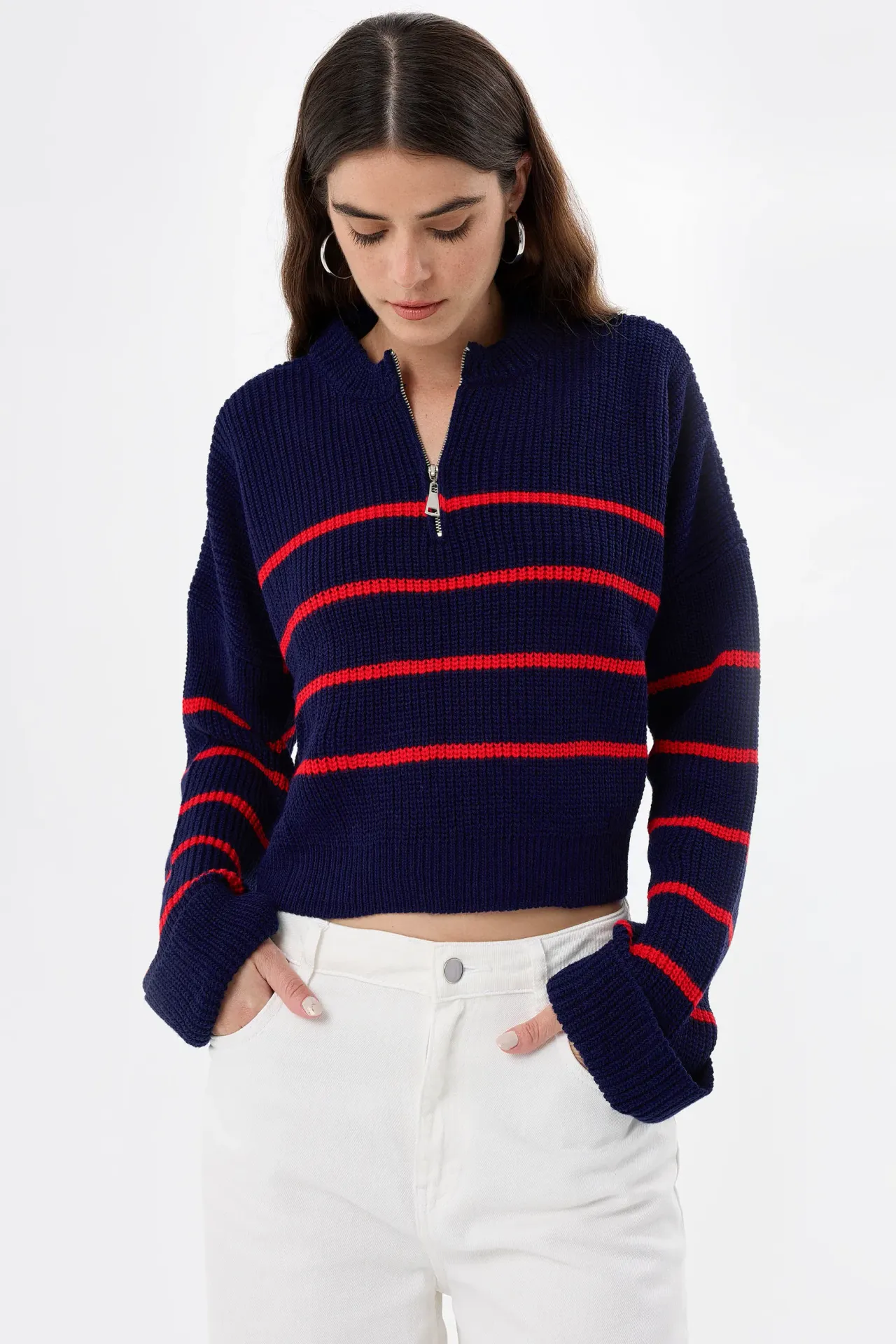 Striped Zippered Knit Sweater