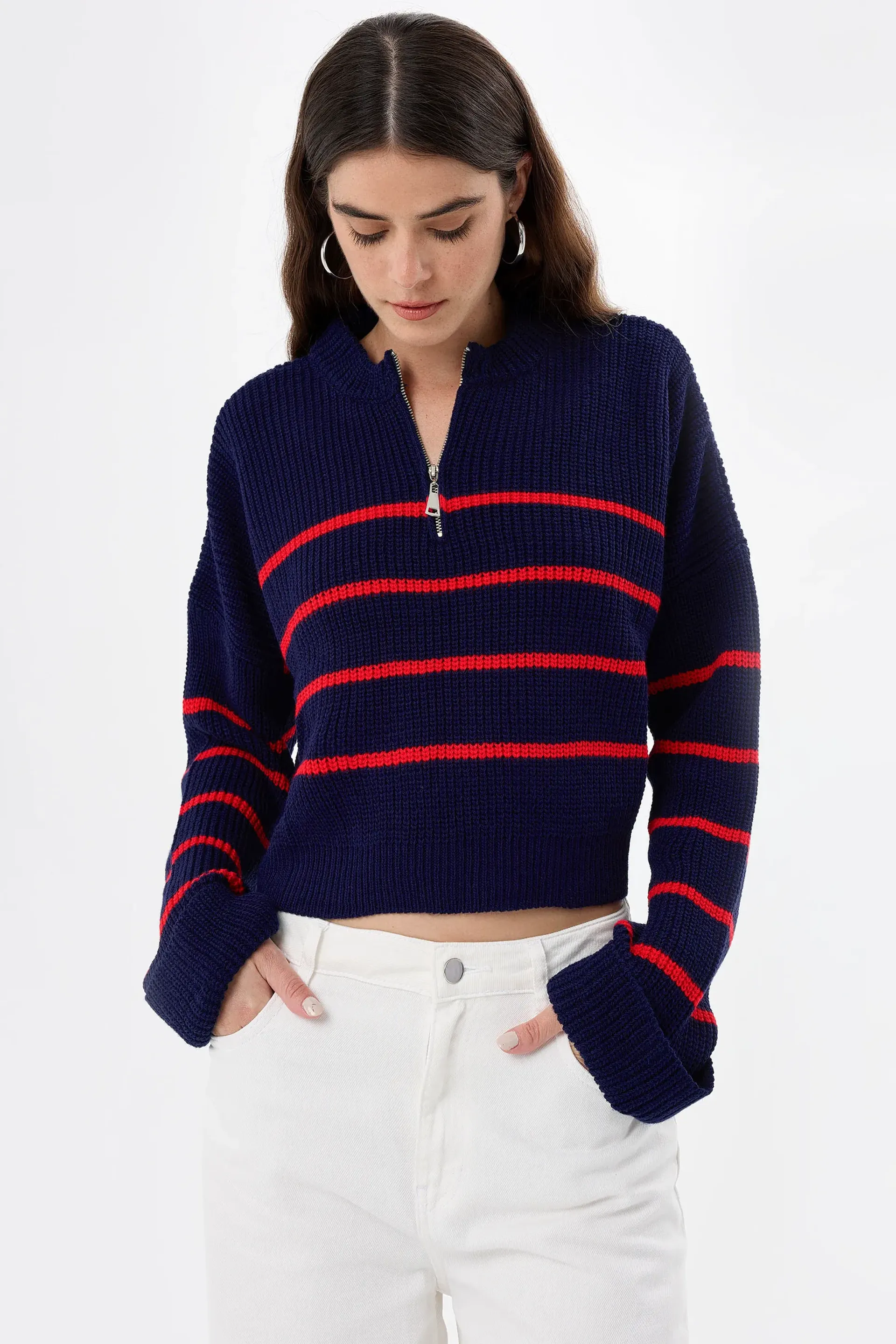 Blue Striped Zippered Knit Sweater Women