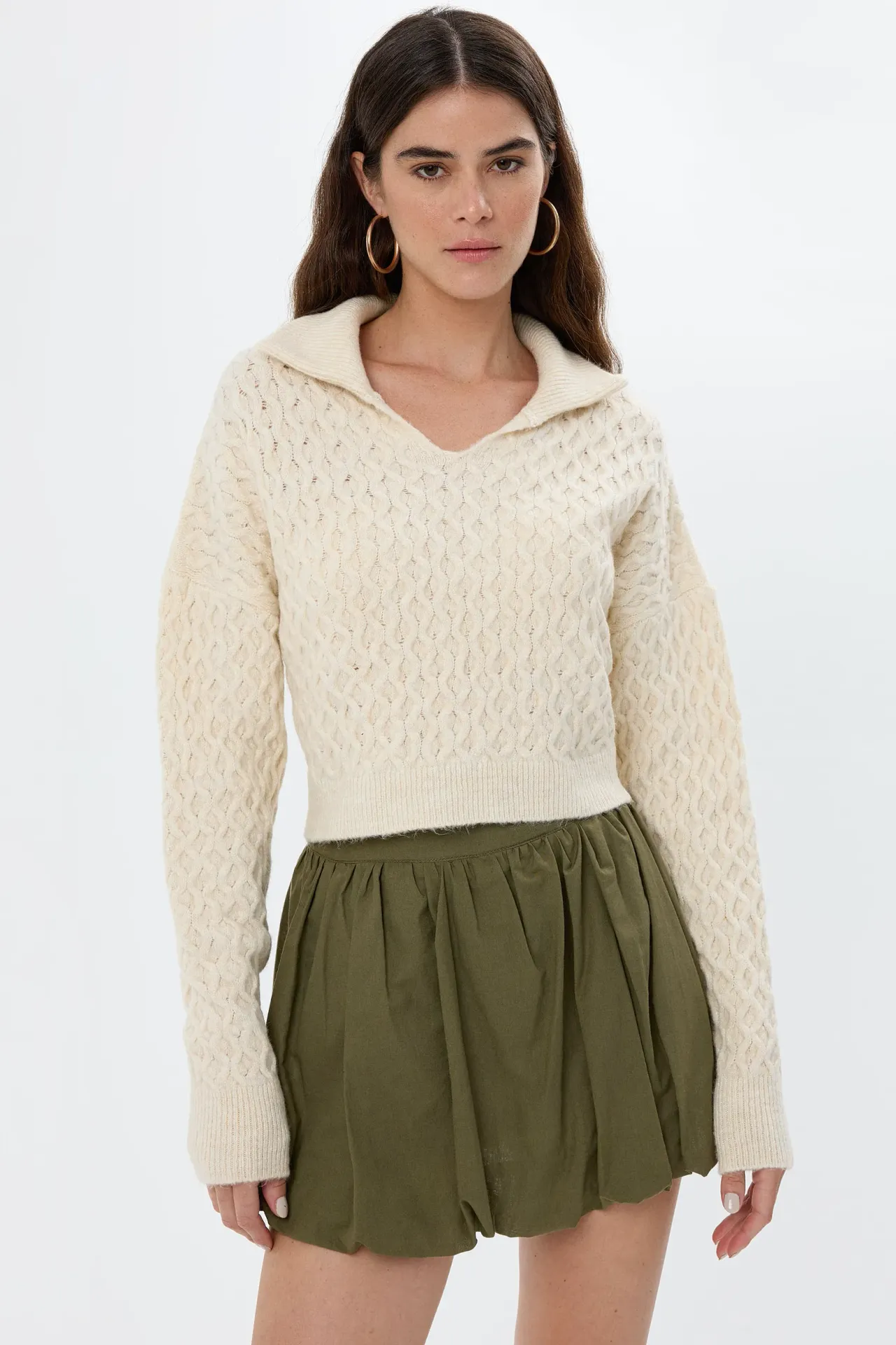 Textured Knitted Sweater with Shirt Collar