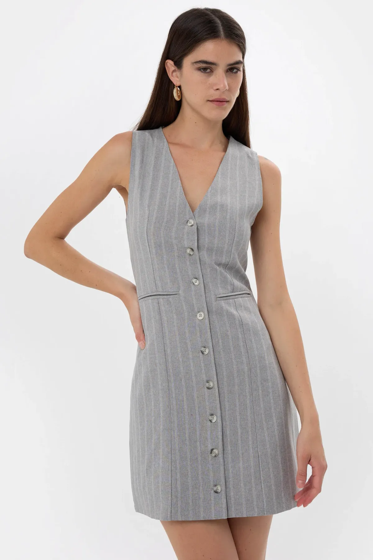 Striped Sleeveless Mini Dress with V-Neck and Buttoned Details 1