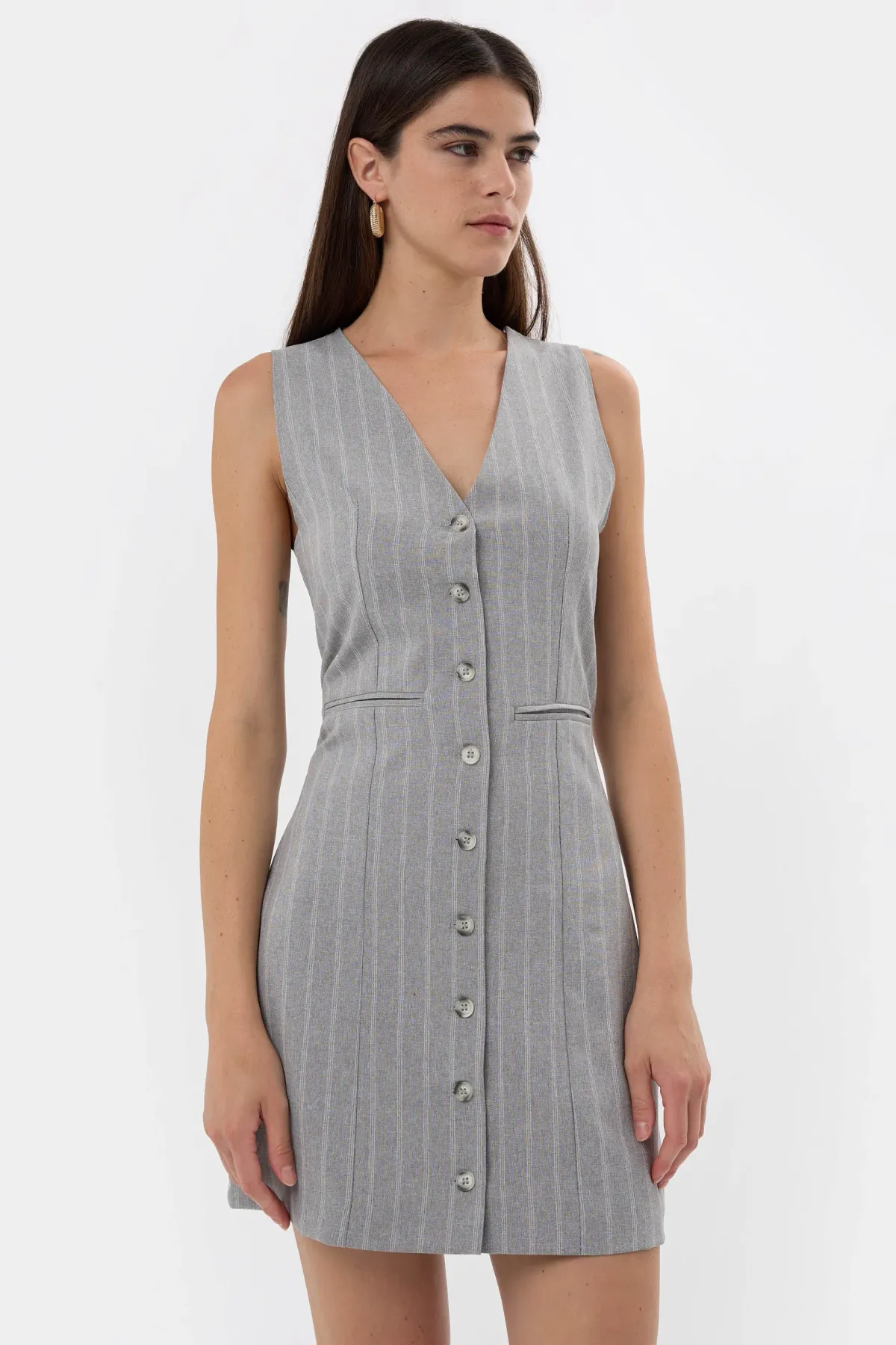 Striped Sleeveless Mini Dress with V-Neck and Buttoned Details 3