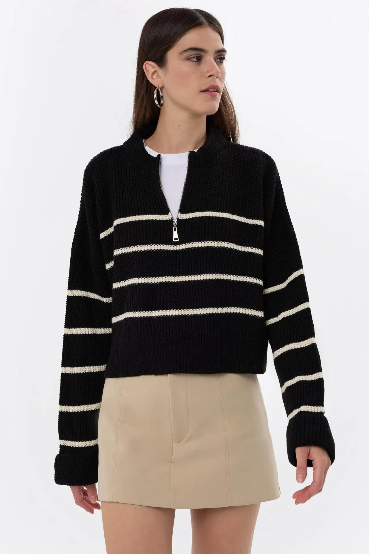 Striped Zippered Knit Sweater