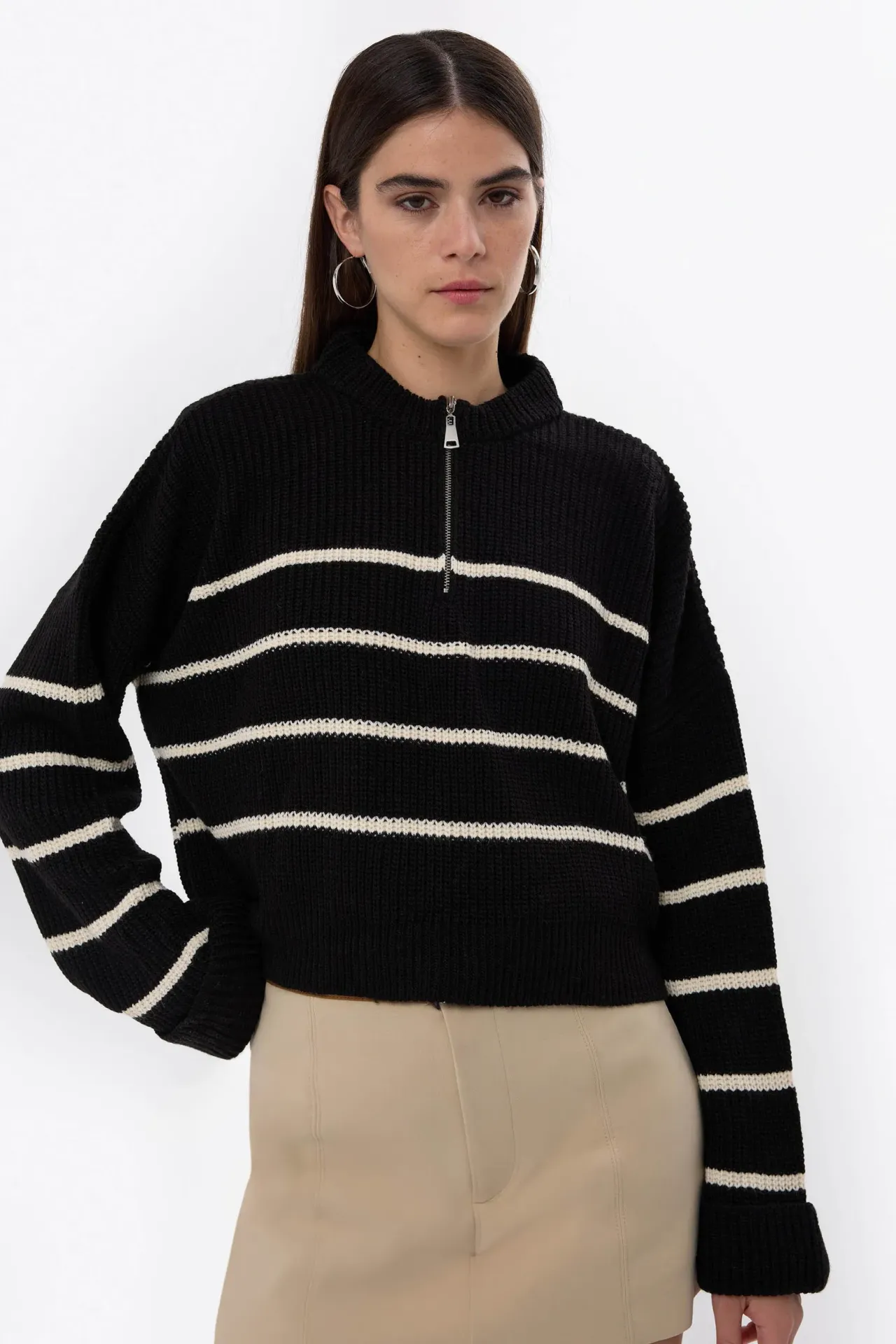 Striped Zippered Knit Sweater