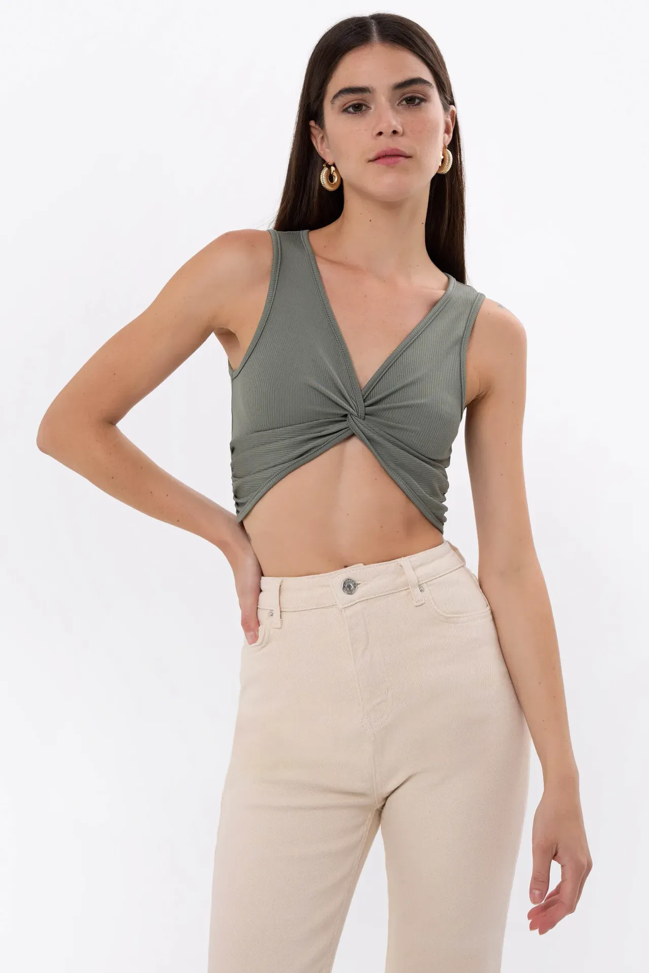  Solid Rib Twist Front Crop Top