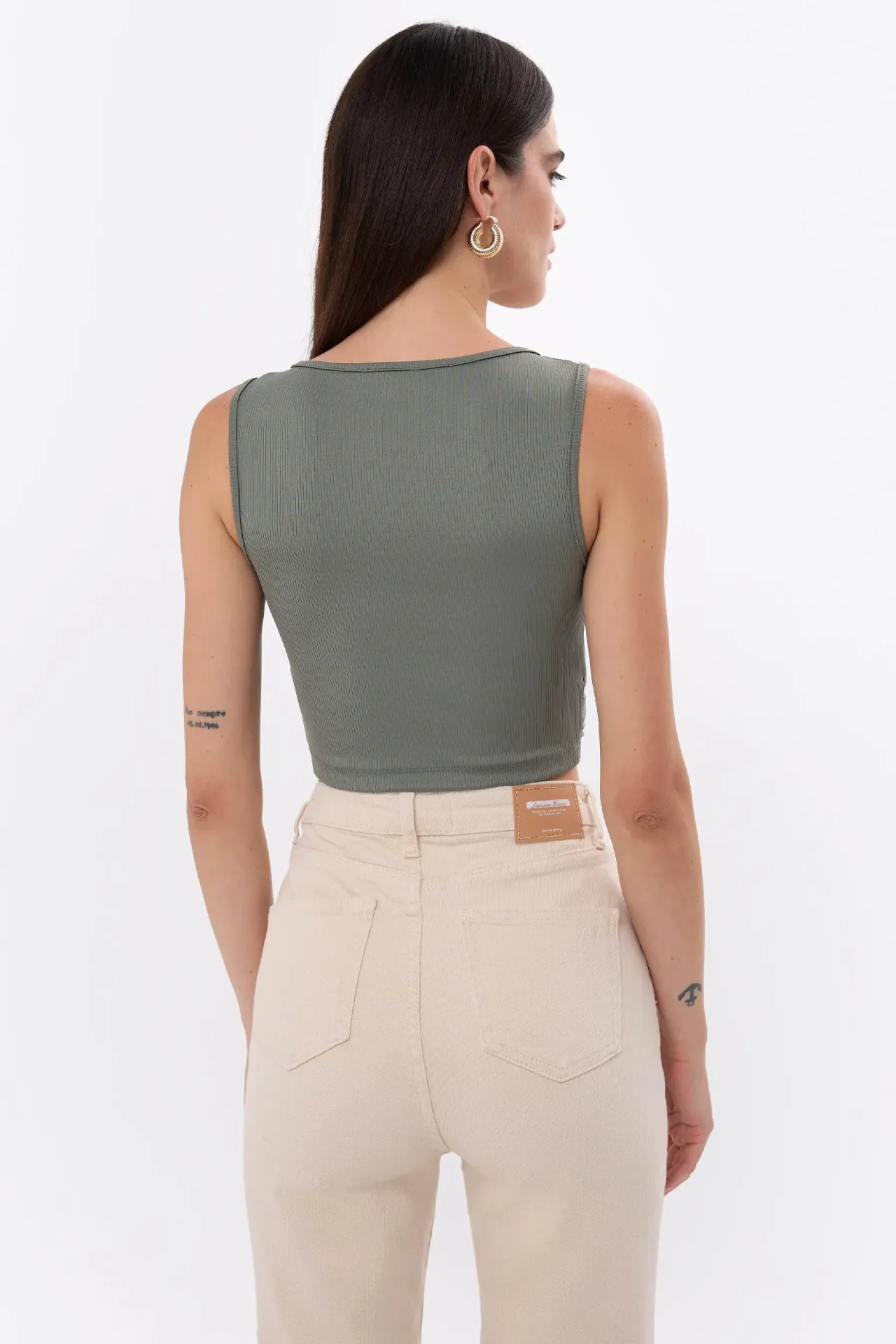  Solid Rib Twist Front Crop Top