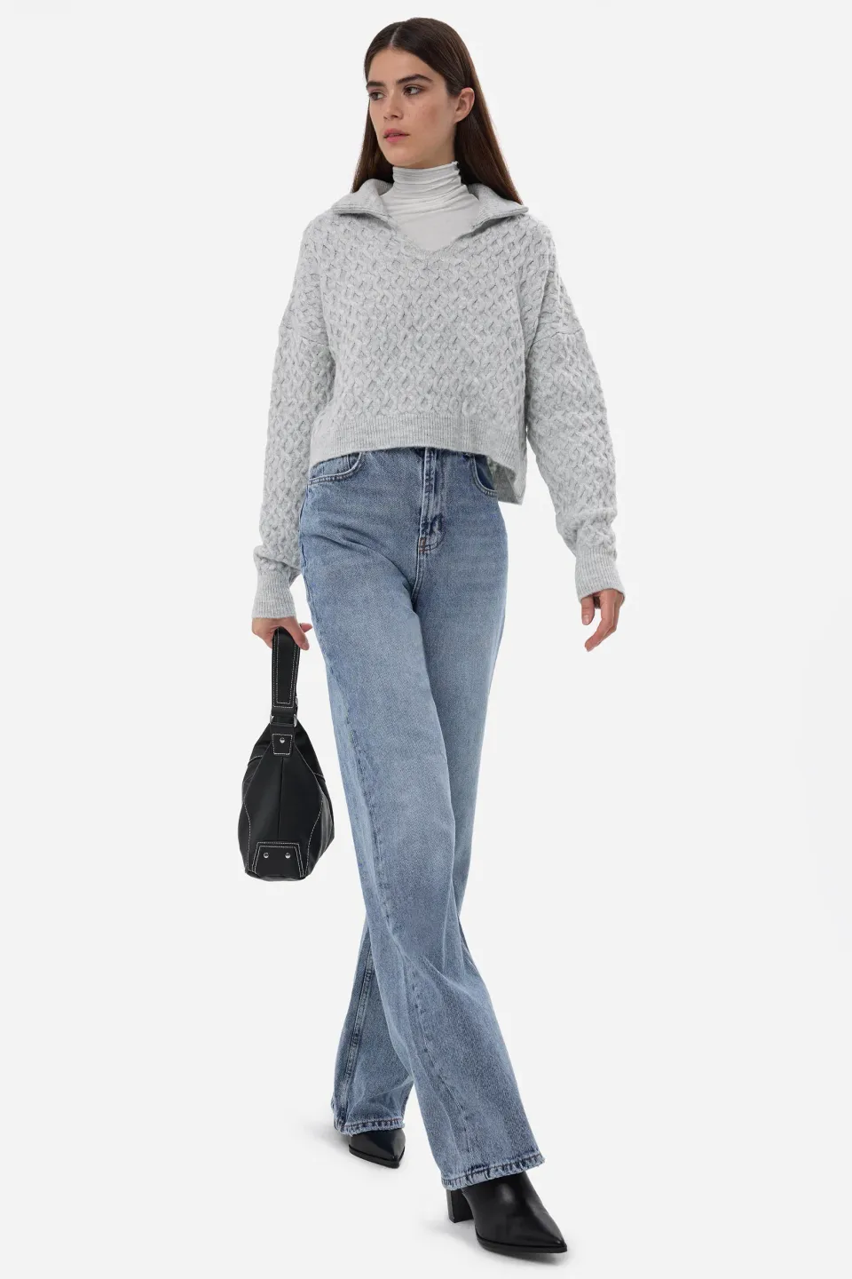 Textured Knitted Sweater with Shirt Collar