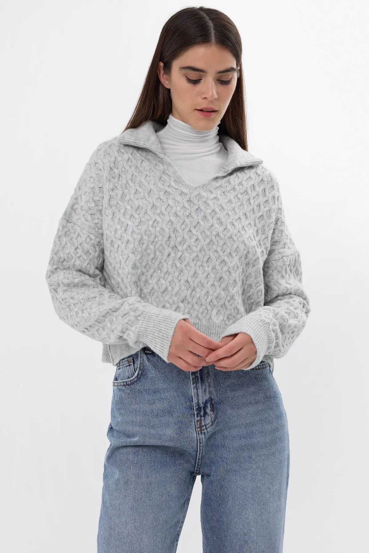 Textured Knitted Sweater with Shirt Collar 4