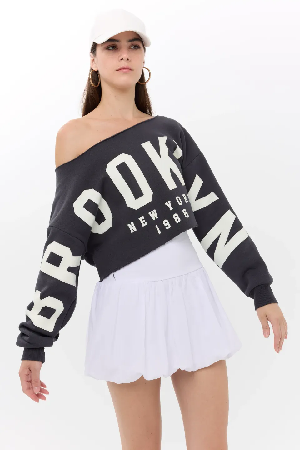 Printed Boat Neck Cropped Sweatshirt