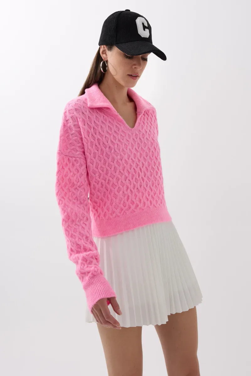 Textured Knitted Sweater with Shirt Collar 4