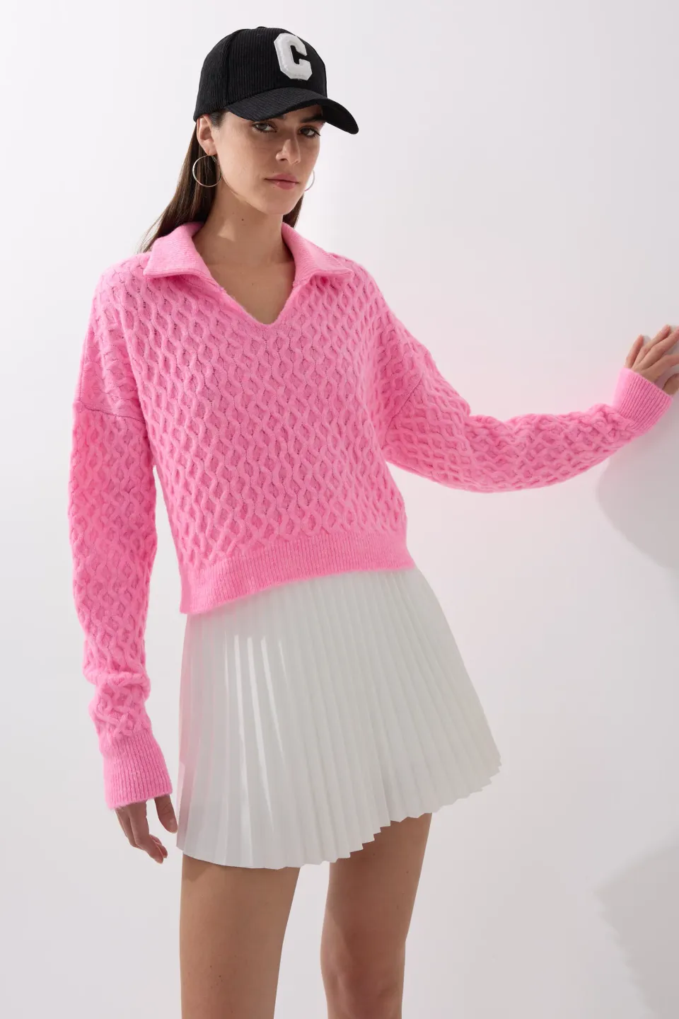 Textured Knitted Sweater with Shirt Collar