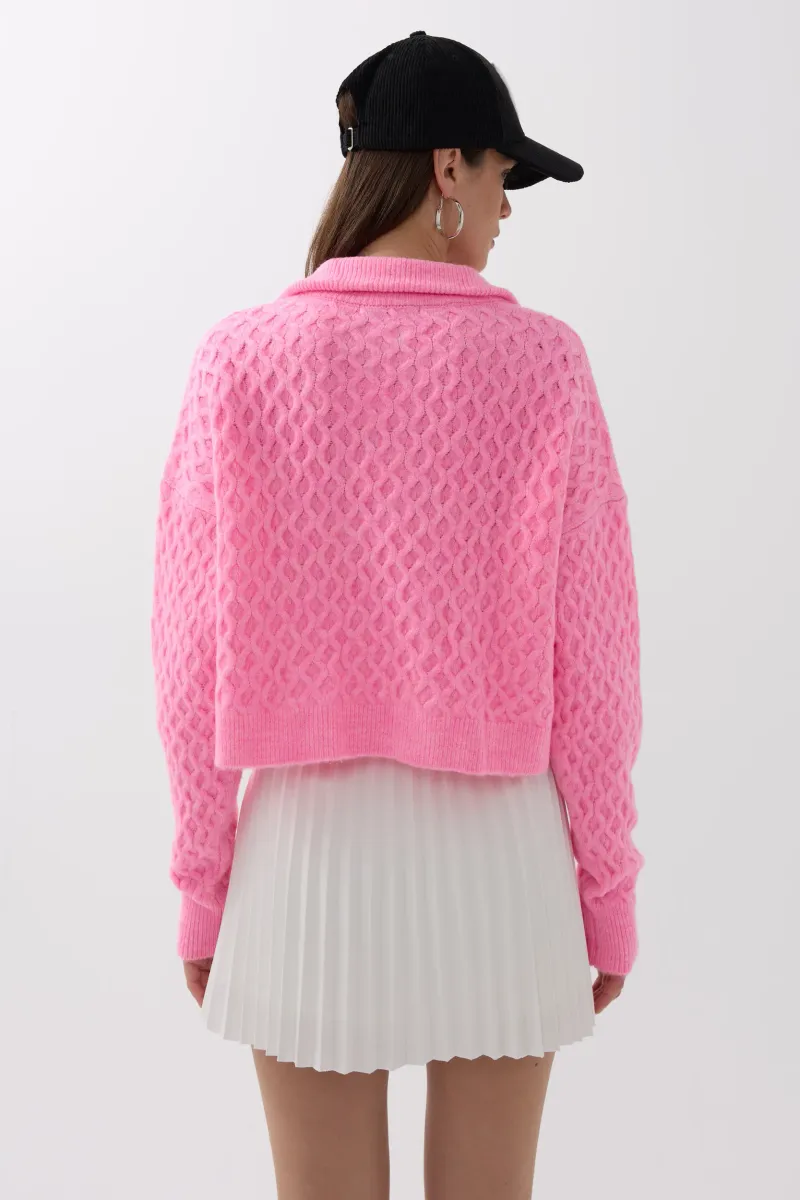 Textured Knitted Sweater with Shirt Collar 5