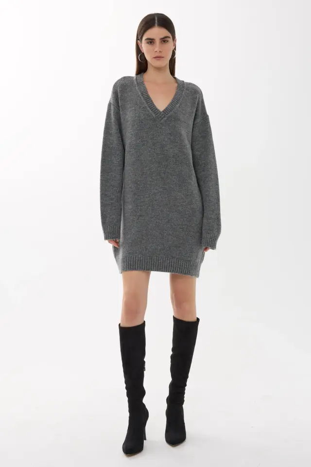 Oversized V-Neck Ribbed Mini Knit Dress