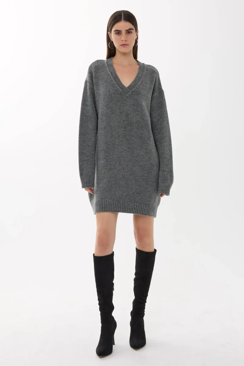 Oversized V-Neck Ribbed Mini Knit Dress 1