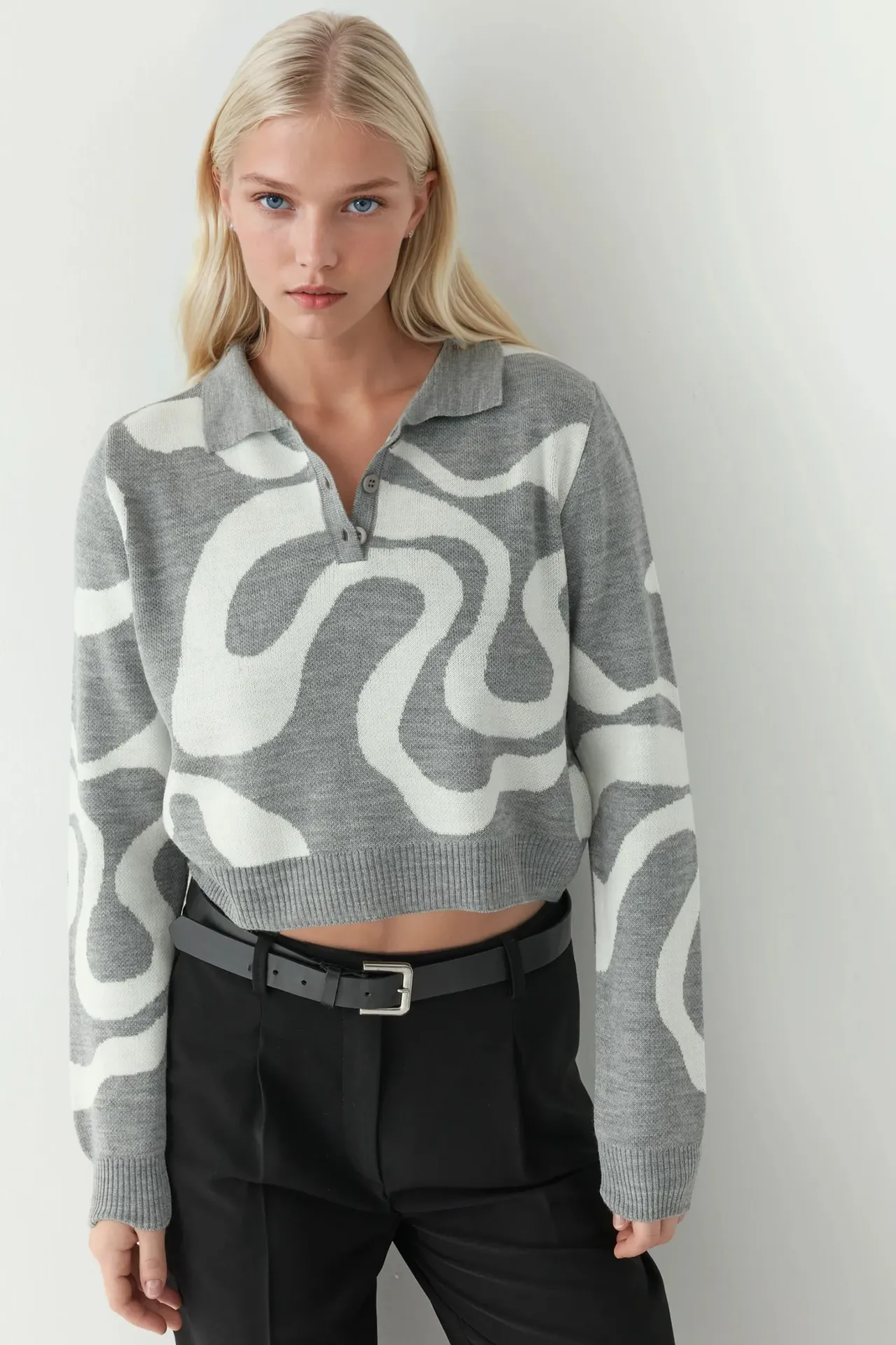 Polo Collar Jacquard Knit Sweater 1