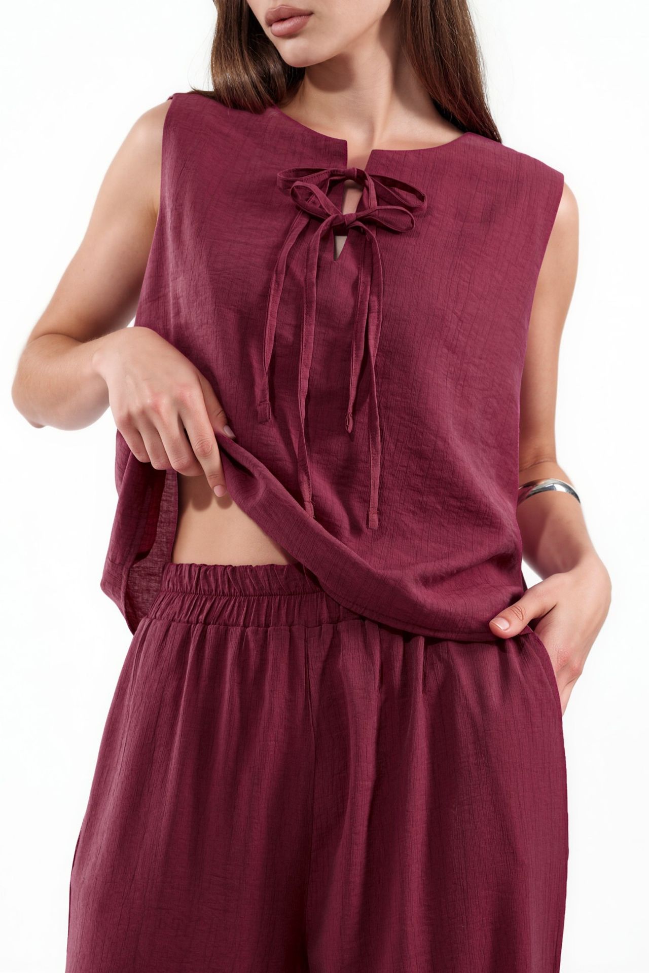 Viscose Blend Blouse with Tie Detail & Elastic Waist Pants Set 4