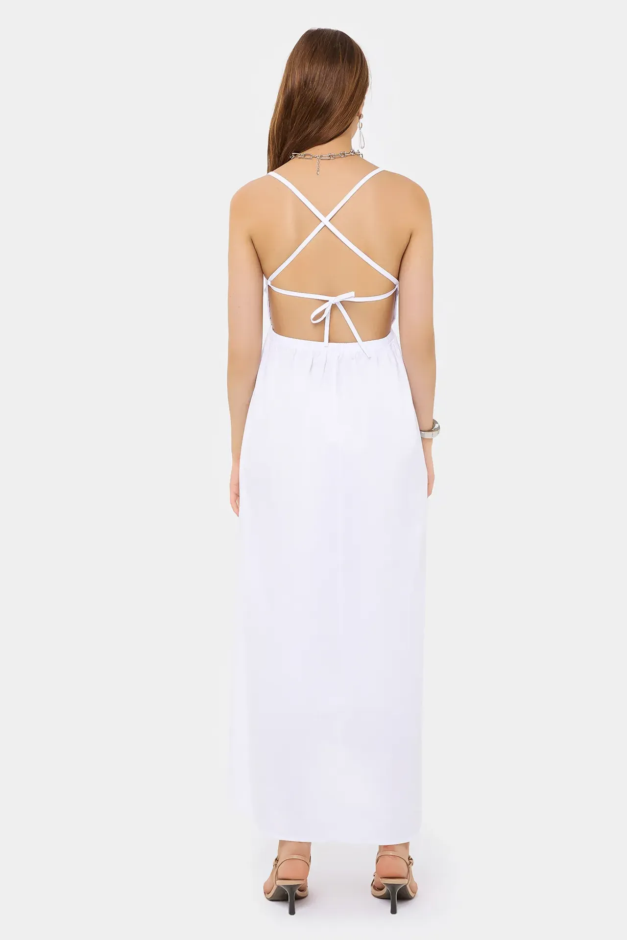 Cotton Maxi Dress with Spaghetti Straps and Tie-Back