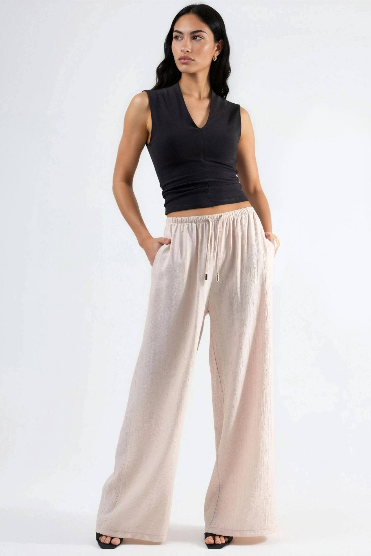 BUSEM Wide Leg Drawstring Waist Pants with Pockets